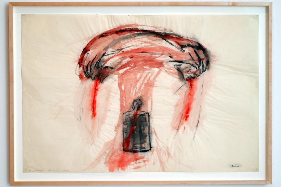 Nancy Spero (1966–1968), Ohne Titel (Bombengestalt mit Zungenköpfen), Düsseldorf, Kunstsammlung K21, 2. Obergeschoss, 1966