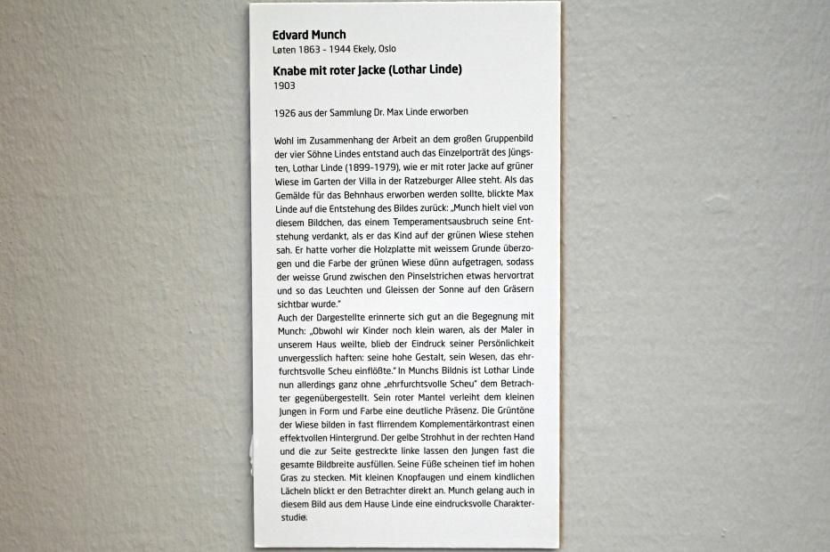 Edvard Munch (1888–1925), Knabe mit roter Jacke (Lothar Linde), Lübeck, Museum Behnhaus Drägerhaus, Obergeschoß Haupthaus Saal 1, 1903, Bild 2/2