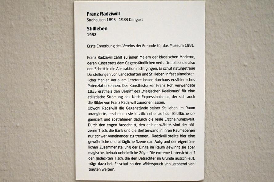 Franz Radziwill (1920–1938), Stillleben, Lübeck, Museum Behnhaus Drägerhaus, Obergeschoß Haupthaus Saal 5, 1932, Bild 2/2