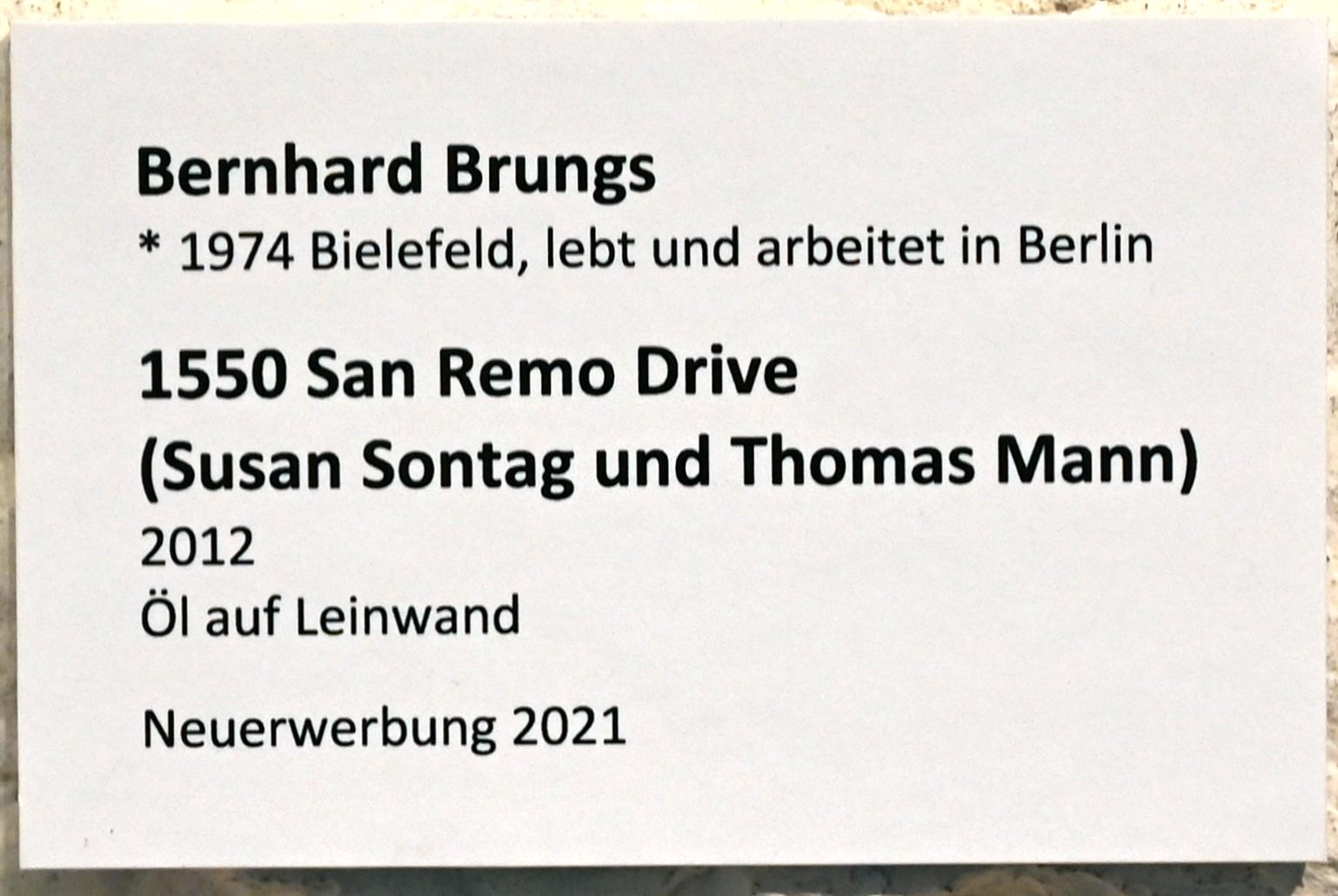 Bernhard Brungs (2012), 1550 San Remo Drive (Susan Sontag und Thomas Mann), Lübeck, St. Annen-Museum, Eingangshalle, 2012, Bild 2/2