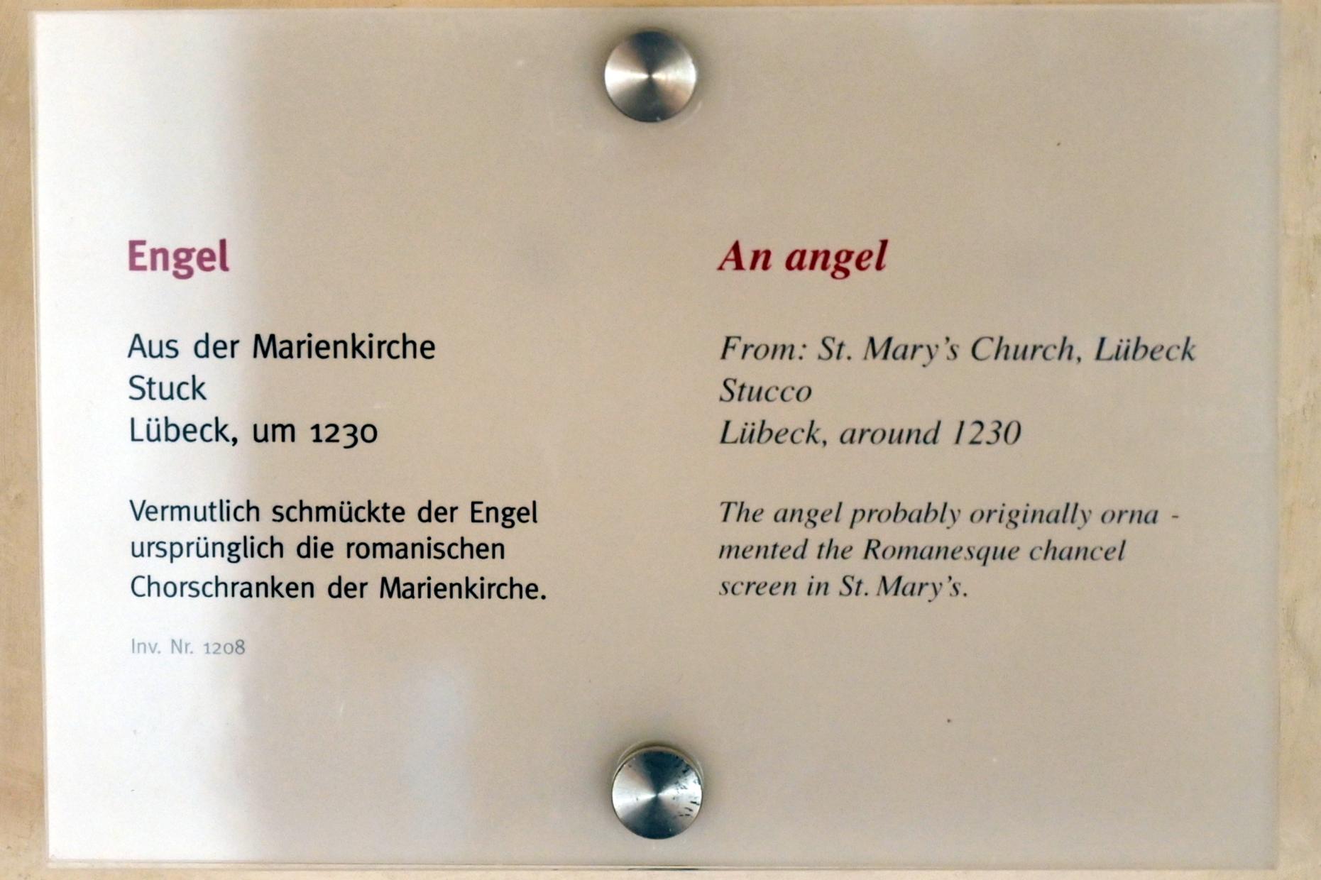 Engel, Lübeck, Marienkirche, jetzt Lübeck, St. Annen-Museum, Saal 1, um 1230, Bild 2/2
