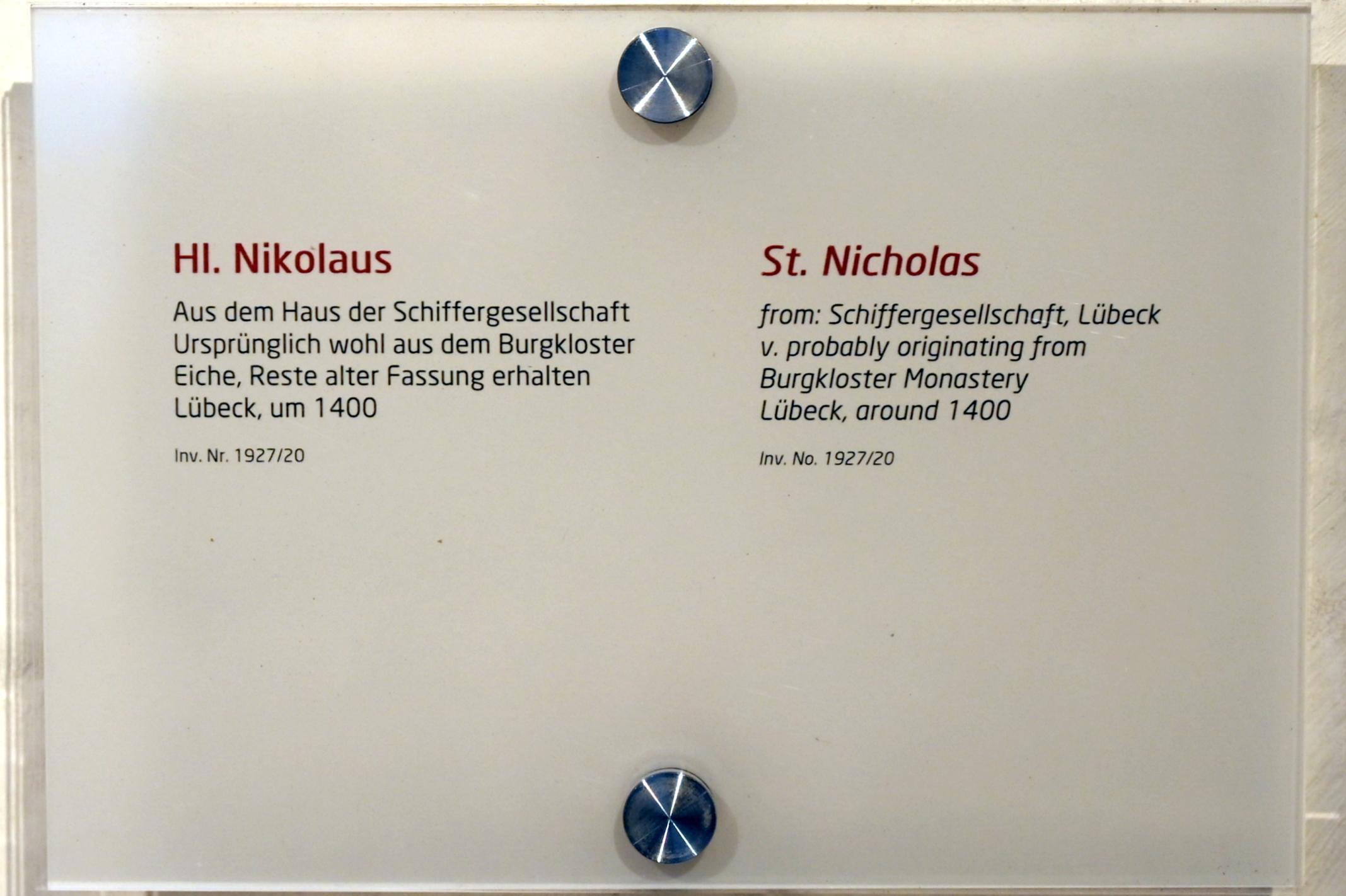 Hl. Nikolaus, Lübeck, Burgkloster, jetzt Lübeck, St. Annen-Museum, Saal 1, um 1400, Bild 3/3
