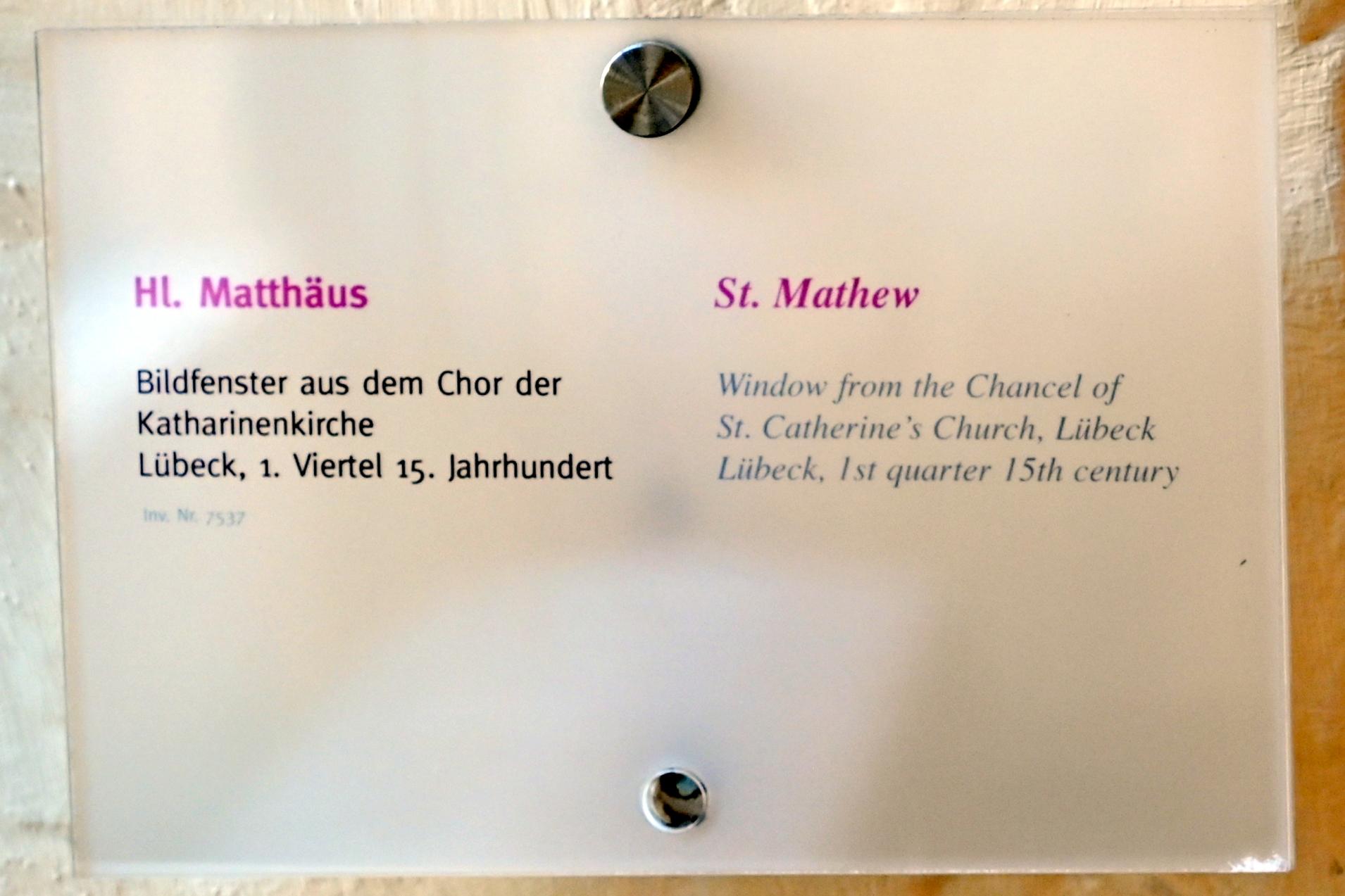 Hl. Matthäus, Lübeck, Katharinenkirche, jetzt Lübeck, St. Annen-Museum, Saal 2, 1. Viertel 15. Jhd., Bild 2/2