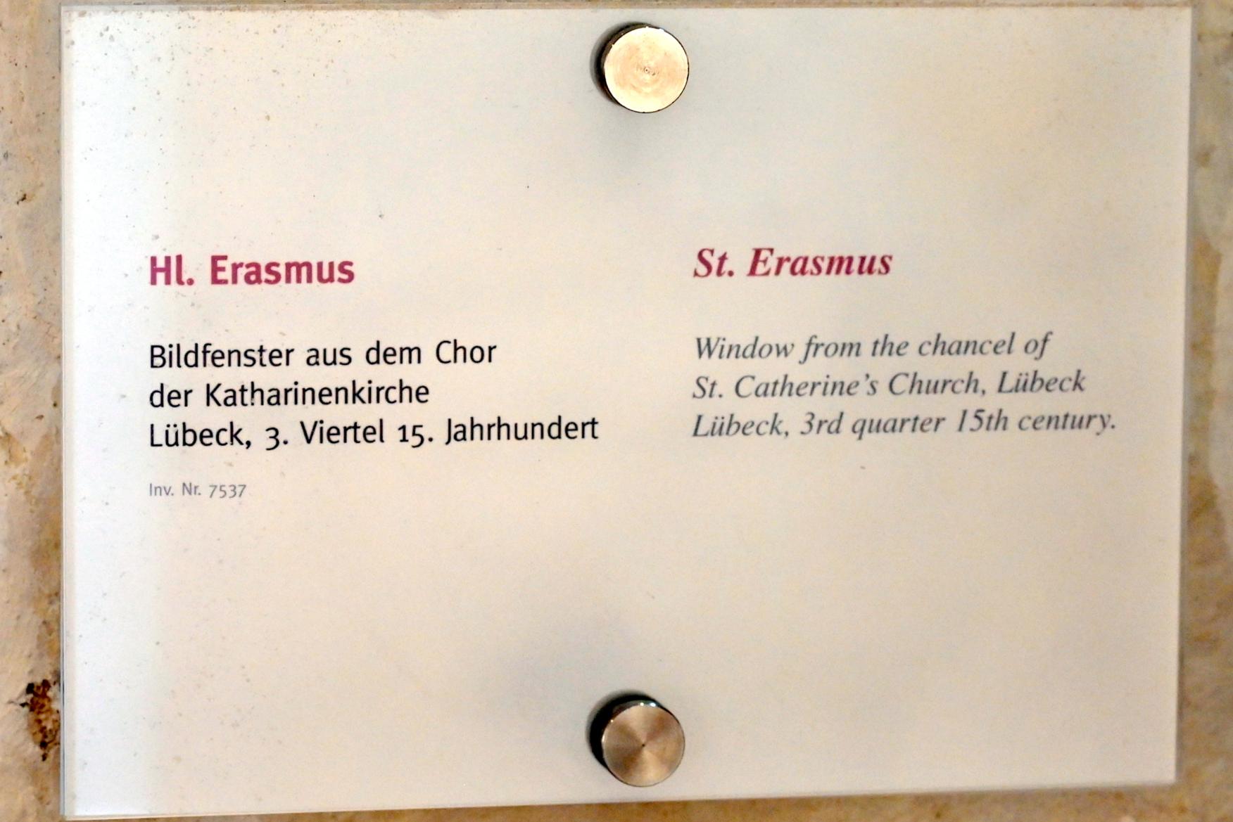 Hl. Erasmus, Lübeck, Katharinenkirche, jetzt Lübeck, St. Annen-Museum, Saal 2, 3. Viertel 15. Jhd., Bild 2/2
