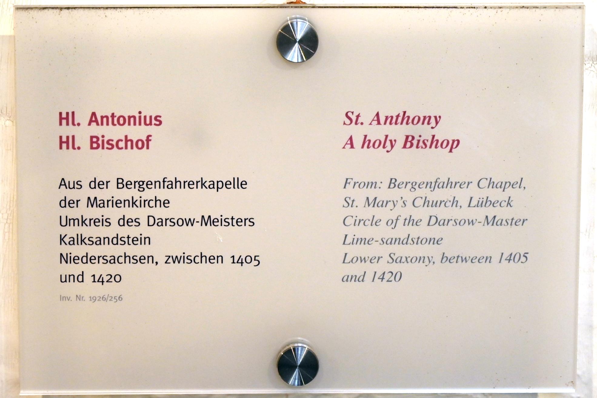 Meister der Darsow-Madonna (Umkreis) (1412), Hl. Bischof, Lübeck, Marienkirche, jetzt Lübeck, St. Annen-Museum, Saal 4, 1405–1420, Bild 3/3