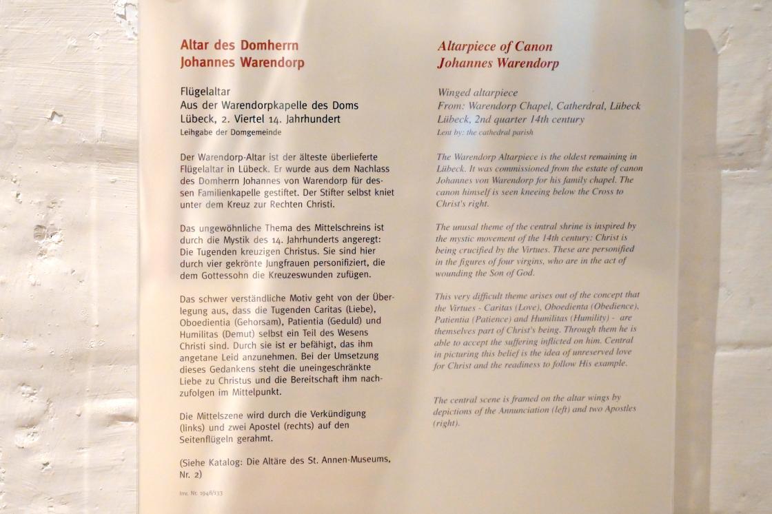 Altar des Domherrn Johannes Warendorp, Lübeck, Lübecker Dom, jetzt Lübeck, St. Annen-Museum, Saal 5, 2. Viertel 14. Jhd., Bild 4/4
