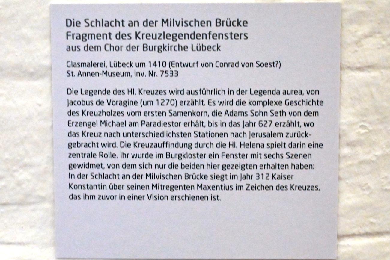 Die Schlacht an der Milvischen Brücke, Lübeck, Burgkloster, jetzt Lübeck, St. Annen-Museum, Saal 6, um 1410, Bild 2/2