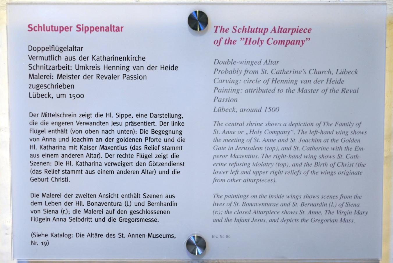 Henning von der Heyde (Umkreis) (1500–1509), Schlutuper Sippenaltar, Lübeck, Katharinenkirche, jetzt Lübeck, St. Annen-Museum, Saal 8, um 1500, Bild 2/2
