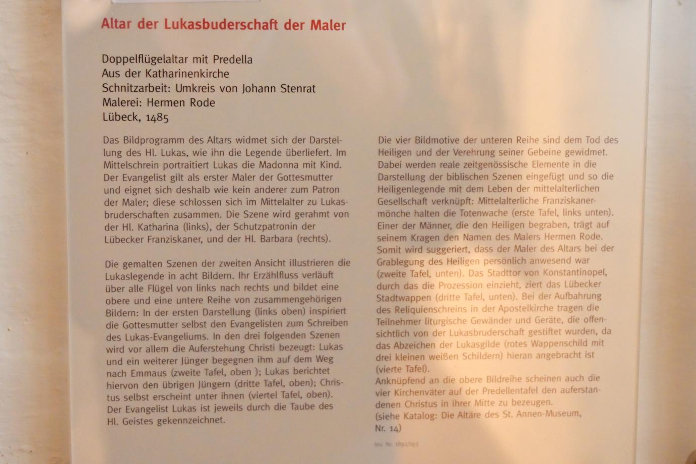 Johannes Stenrat (Umkreis) (1460–1485), Altar der Lukasbruderschaft der Maler, Lübeck, Katharinenkirche, jetzt Lübeck, St. Annen-Museum, Saal 9, 1485, Bild 7/7