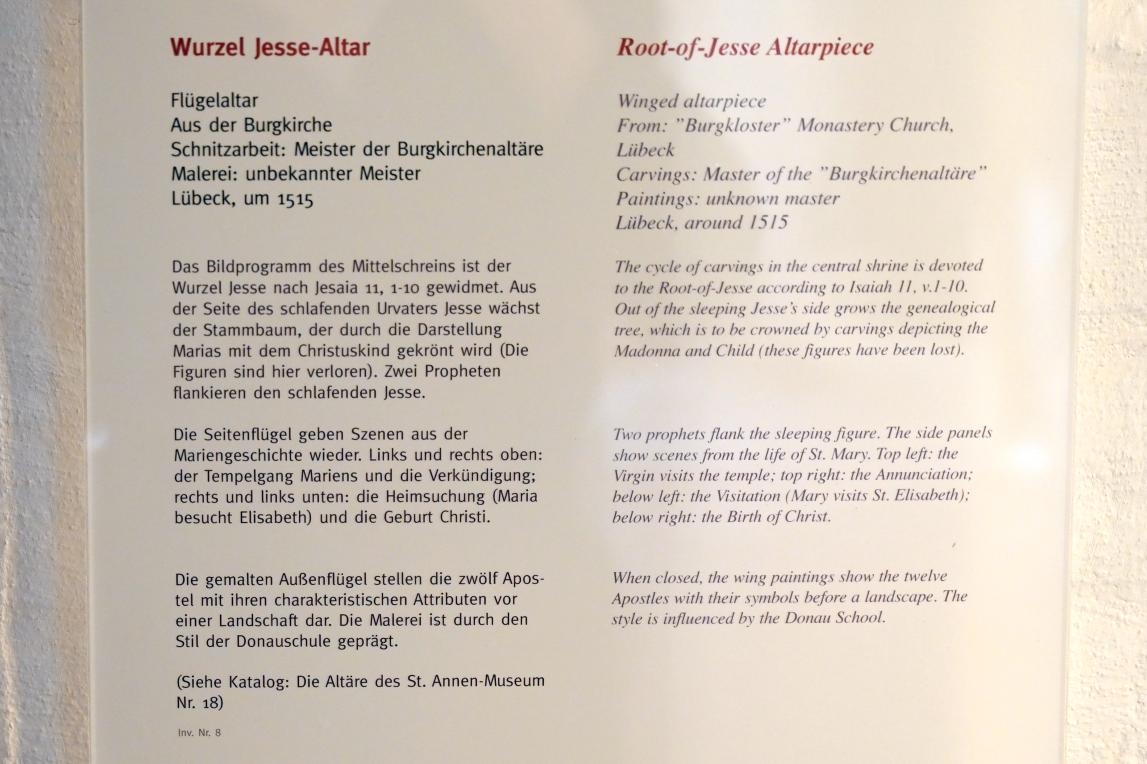 Meister der Burgkirchenaltäre (1500–1520), Wurzel Jesse-Altar, Lübeck, Burgkloster, jetzt Lübeck, St. Annen-Museum, Saal 11, um 1515, Bild 2/2