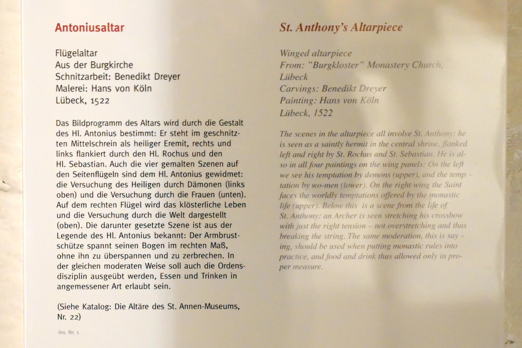 Johann von Köln (Hans von Köln) (1522), Antoniusaltar (Malerei), Lübeck, Burgkloster, jetzt Lübeck, St. Annen-Museum, Saal 11, 1522, Bild 2/2