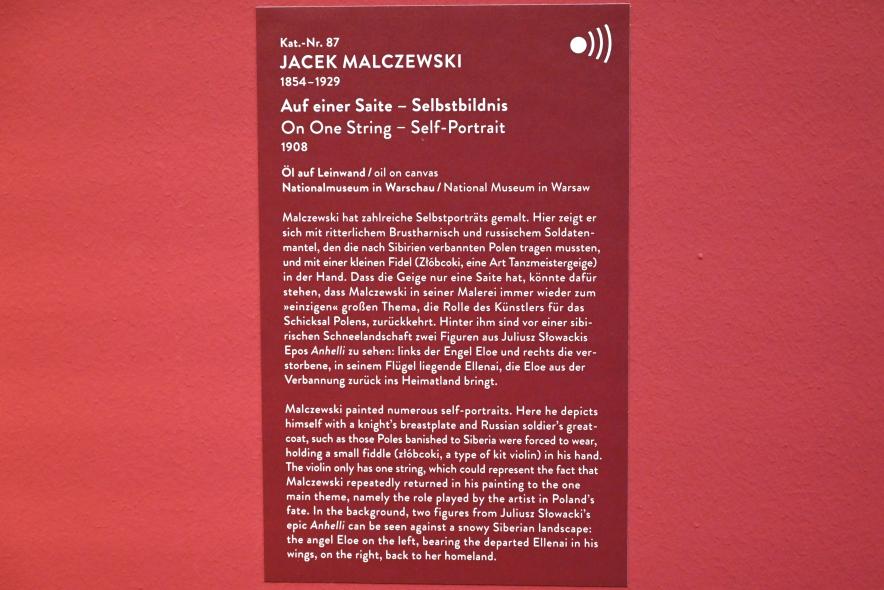 Jacek Malczewski (1876–1917), Auf einer Saite -  Selbstbildnis, München, Kunsthalle, Ausstellung "Polnischer Symbolismus um 1900" vom 25.03.-07.08.2022, Saal 8 - Porträts, 1908, Bild 2/2