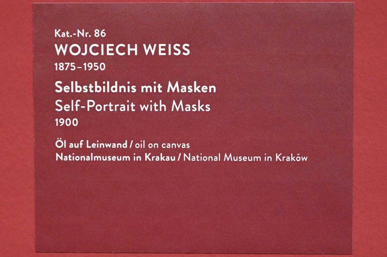Wojciech Weiss (1898–1923), Selbstbildnis mit Masken, München, Kunsthalle, Ausstellung "Polnischer Symbolismus um 1900" vom 25.03.-07.08.2022, Saal 8 - Porträts, 1900, Bild 2/2