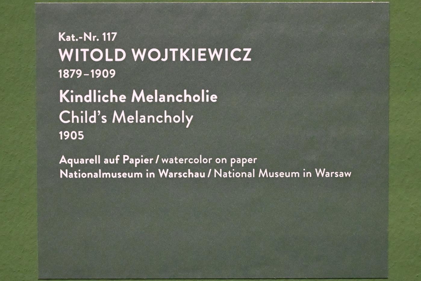 Witold Wojtkiewicz (1904–1909), Kindliche Melancholie, München, Kunsthalle, Ausstellung "Polnischer Symbolismus um 1900" vom 25.03.-07.08.2022, Saal 10 - Fantastische Welten, 1905, Bild 2/2