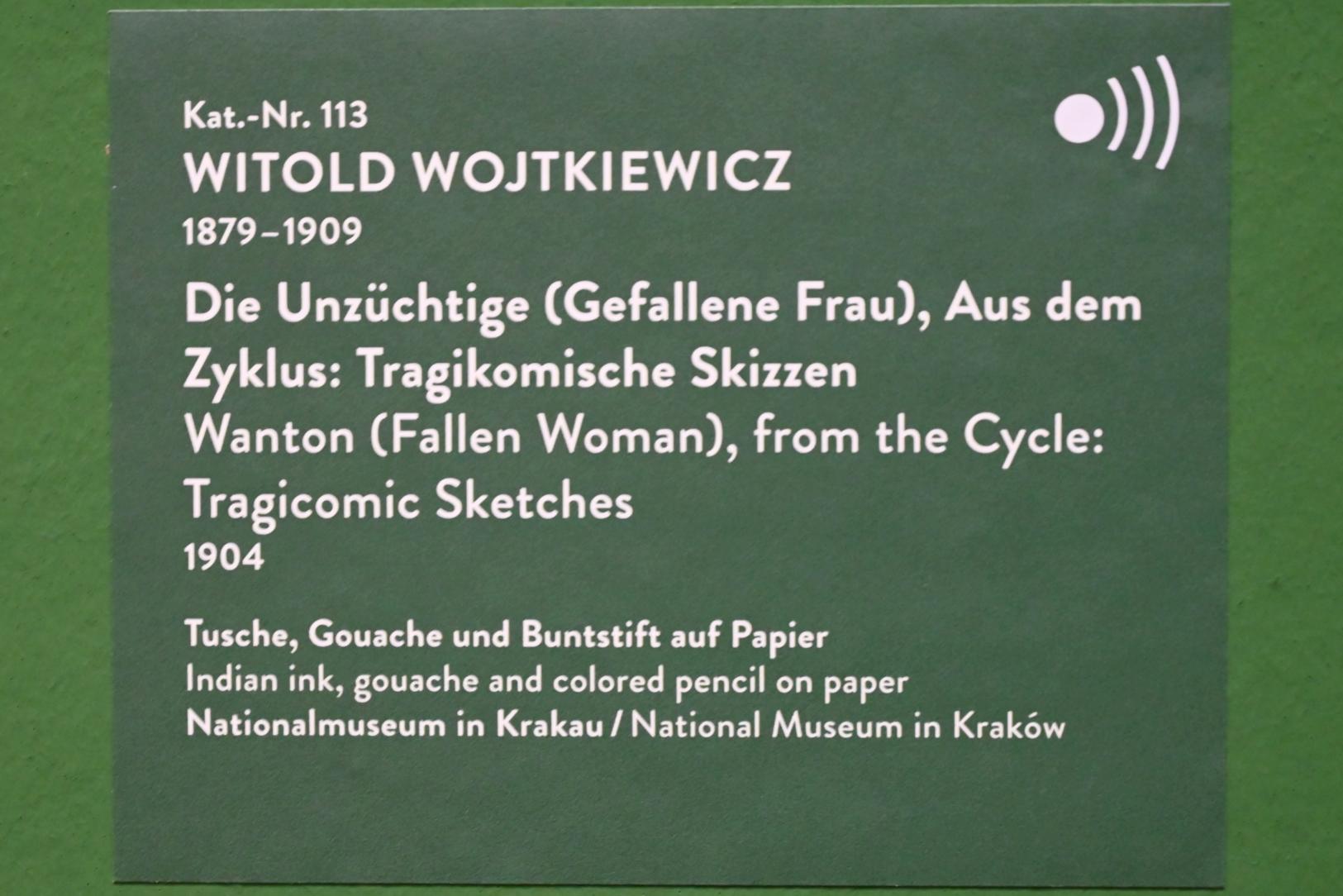 Witold Wojtkiewicz (1904–1909), Die Unzüchtige (Gefallene Frau), aus dem Zyklus: Tragikomische Skizzen, München, Kunsthalle, Ausstellung "Polnischer Symbolismus um 1900" vom 25.03.-07.08.2022, Saal 10 - Fantastische Welten, 1904, Bild 2/2