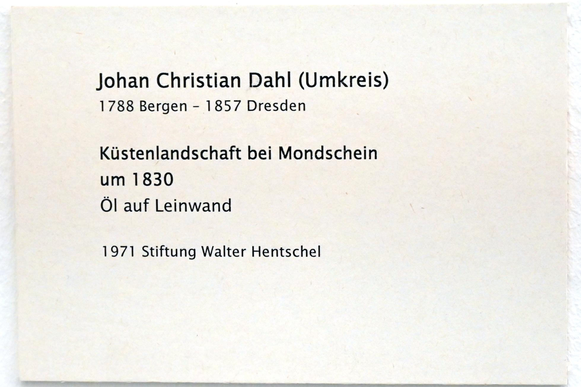 Johan Christian Clausen Dahl (Umkreis) (1830), Küstenlandschaft bei Mondschein, Zwickau, Kunstsammlungen, Zeit der Empfindsamkeit, um 1830, Bild 2/2