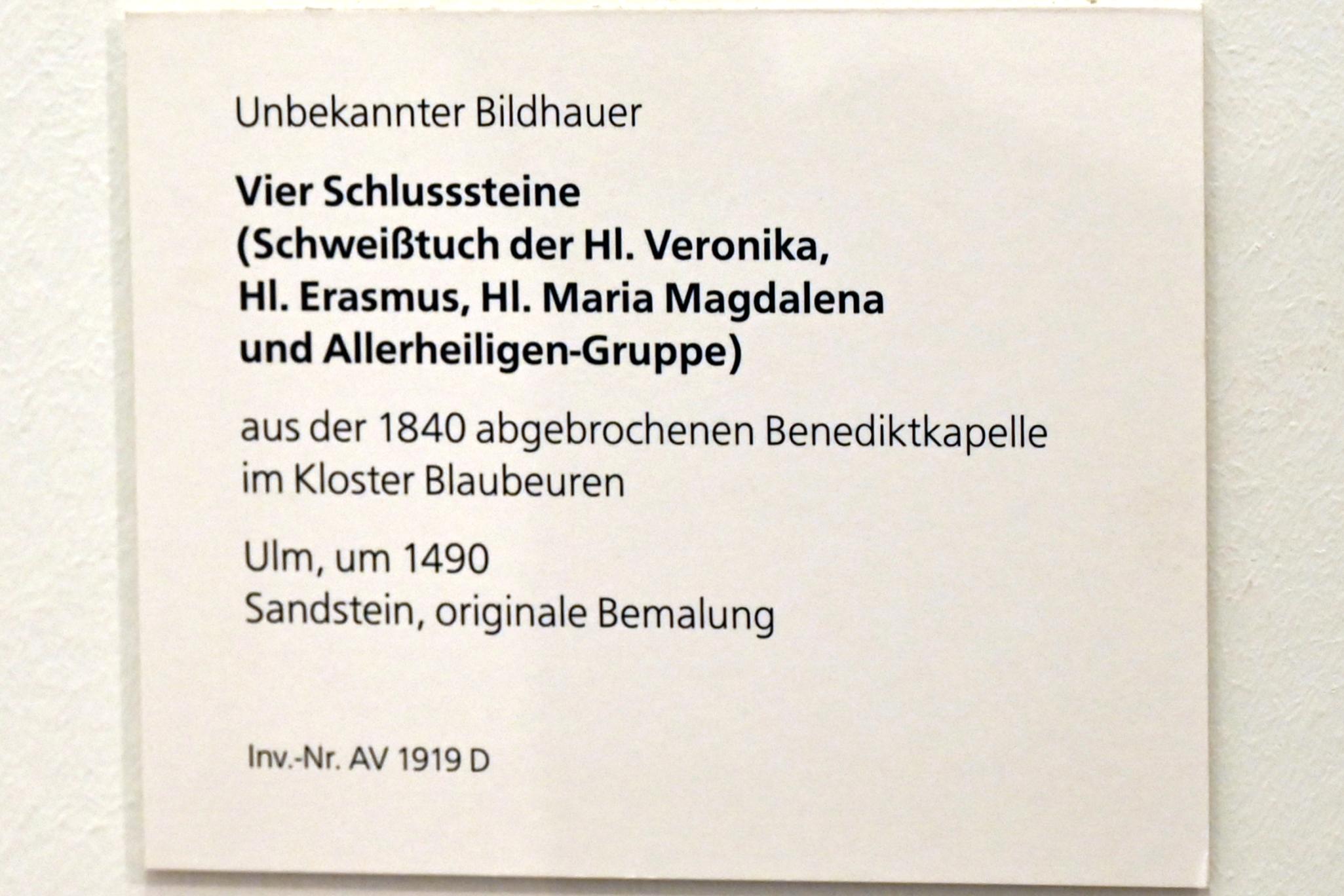 Schlussstein Hl. Erasmus, Blaubeuren, ehem. Benediktinerkloster, jetzt Ulm, Museum Ulm, Saal 1, um 1490, Bild 2/2