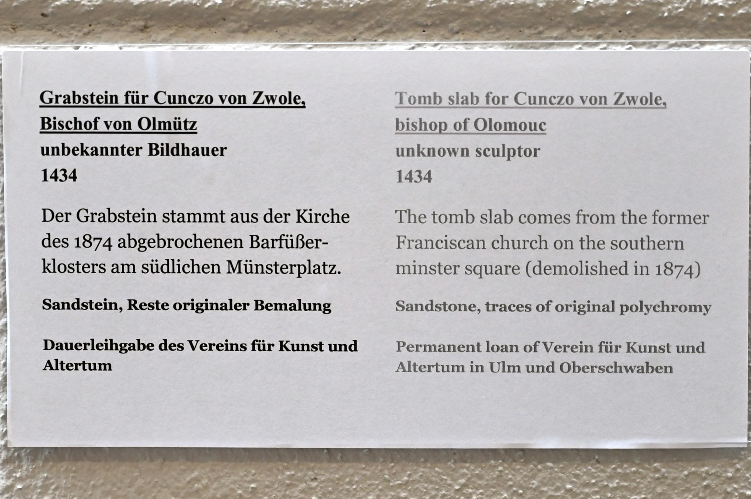 Grabstein für Konrad von Zwole, Bischof von Ölmütz, Ulm, ehem. Barfüßerkloster (1874 abgerissen), jetzt Ulm, Museum Ulm, Saal 1, 1434, Bild 2/2