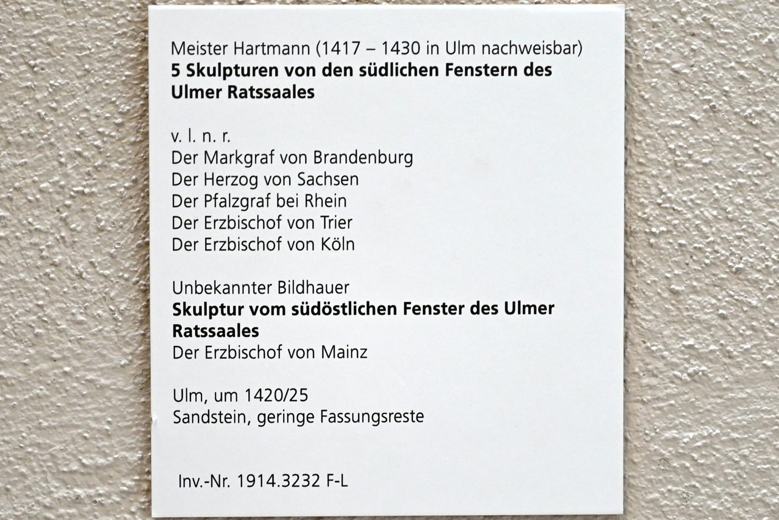 Meister Hartmann (1417–1422), Der Erzbischof von Köln, Ulm, Ulmer Rathaus, jetzt Ulm, Museum Ulm, Saal 1, um 1420–1425, Bild 2/3