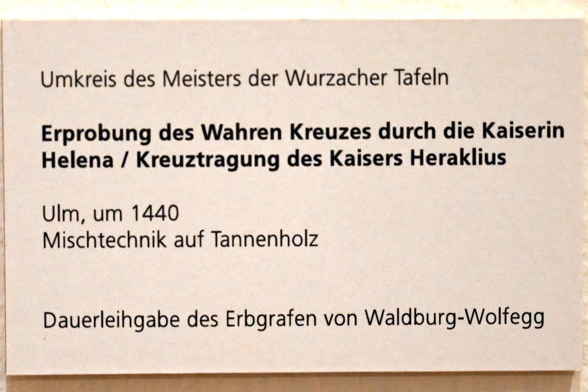Hans Multscher (Umkreis) (1435–1467), Erprobung des Wahren Kreuzes durch die Kaiserin Helena / Kreuztragung des Kaisers Heraklius, Ulm, Museum Ulm, Saal 2, um 1440, Bild 2/2