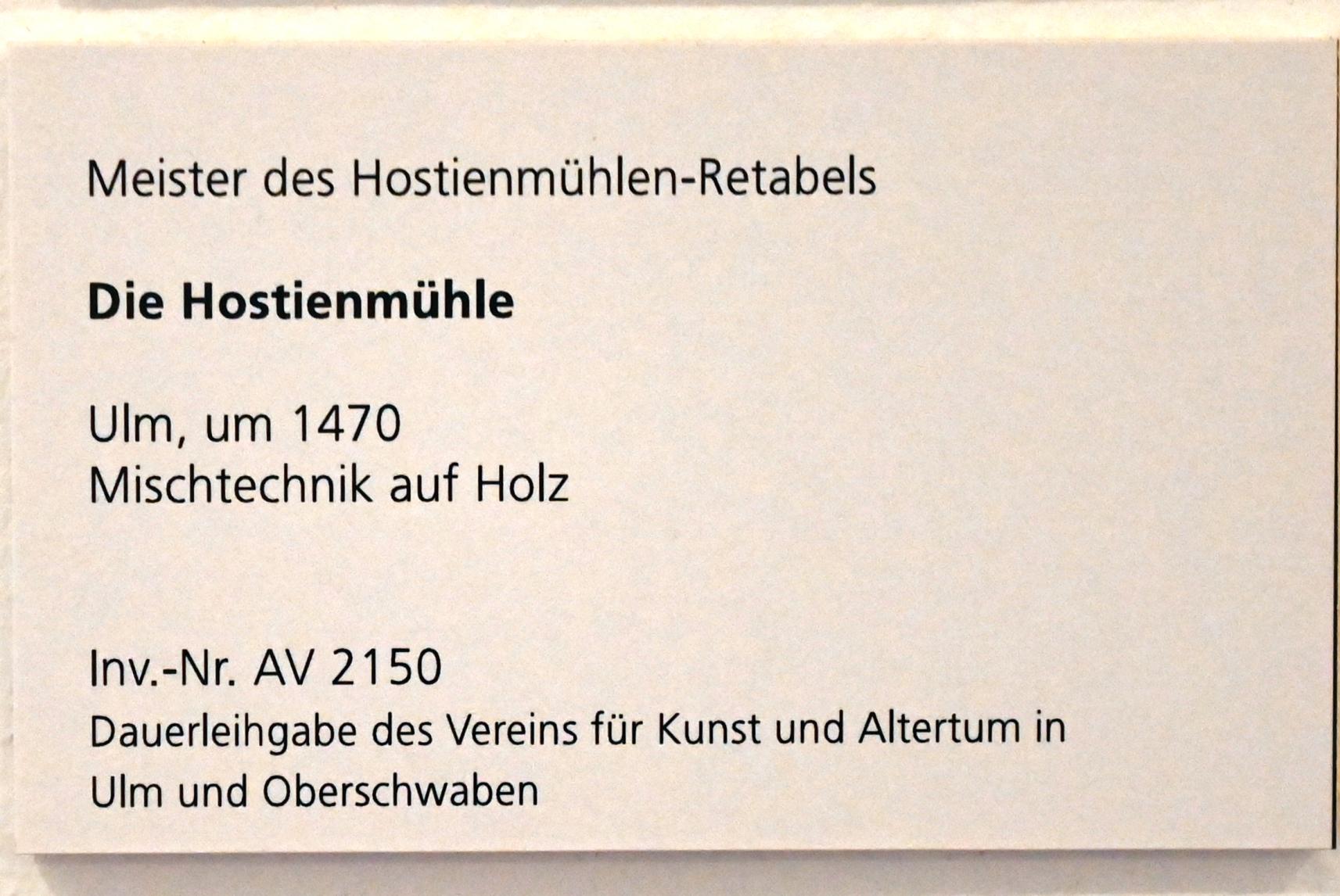 Meister des Hostienmühlen-Retabels (1470–1480), Die Hostienmühle, Ulm, Museum Ulm, Saal 2, um 1470, Bild 2/2