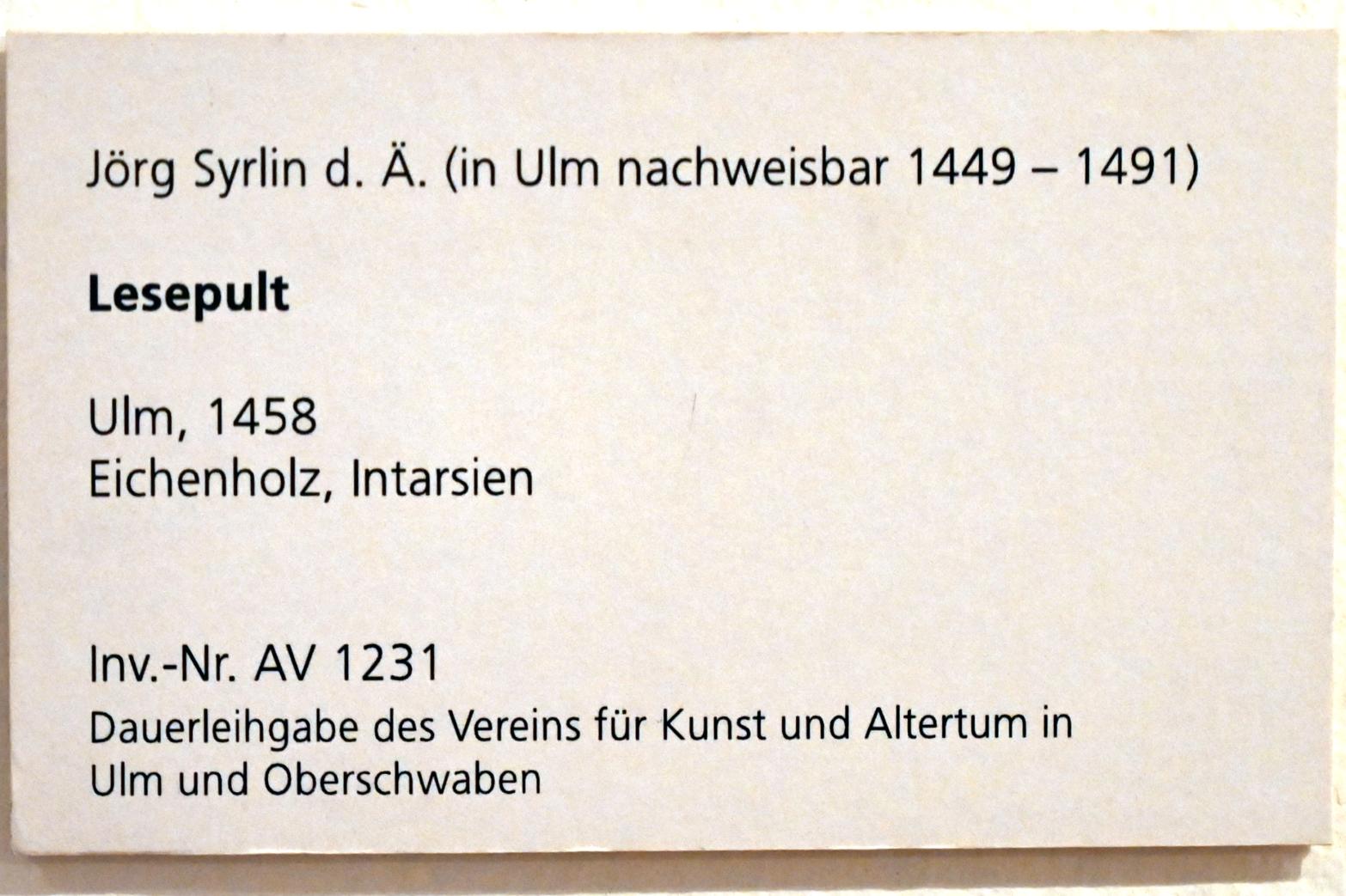 Jörg Syrlin der Ältere (1458–1475), Lesepult, Ulm, Museum Ulm, Saal 2, 1458, Bild 3/3