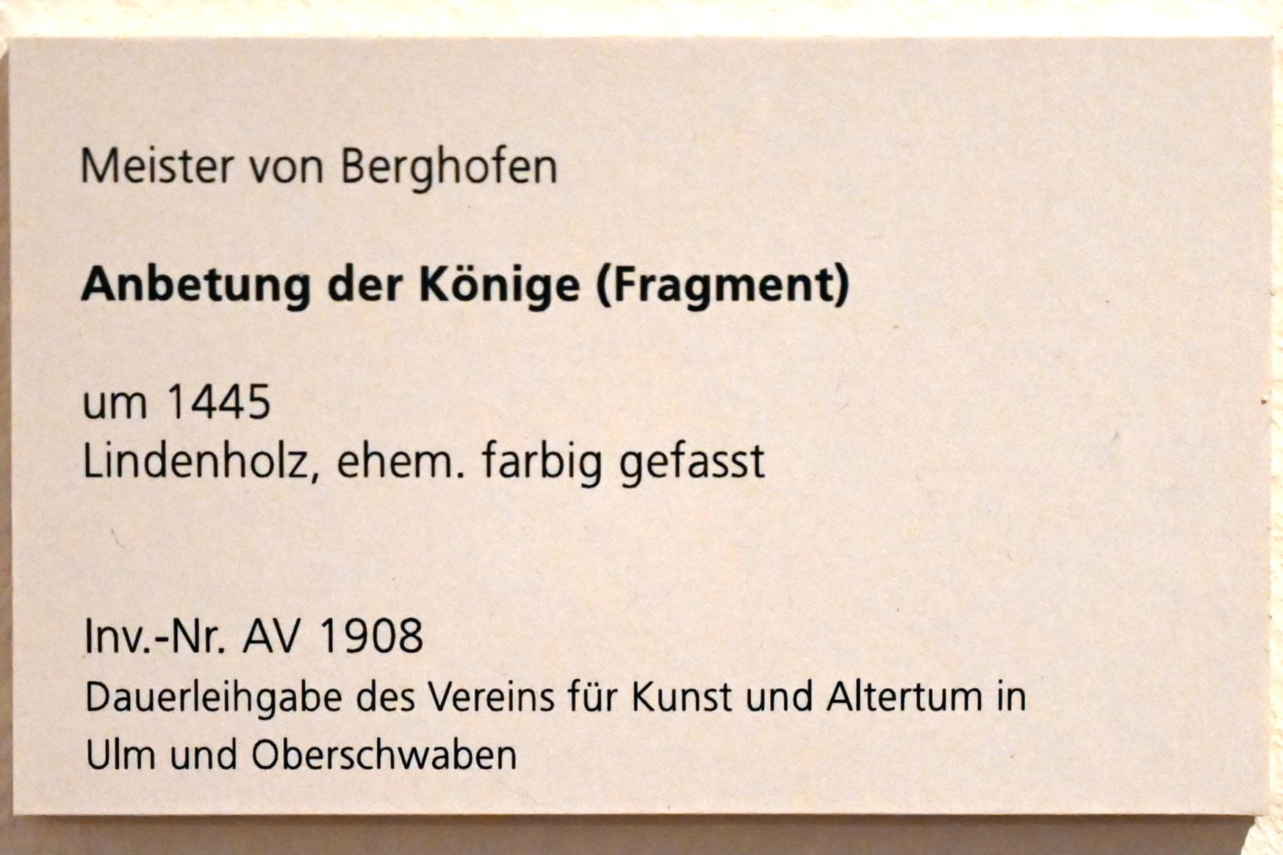 Meister von Berghofen (1440–1445), Anbetung der Könige (Fragment), Ulm, Museum Ulm, Saal 2, um 1445, Bild 4/4