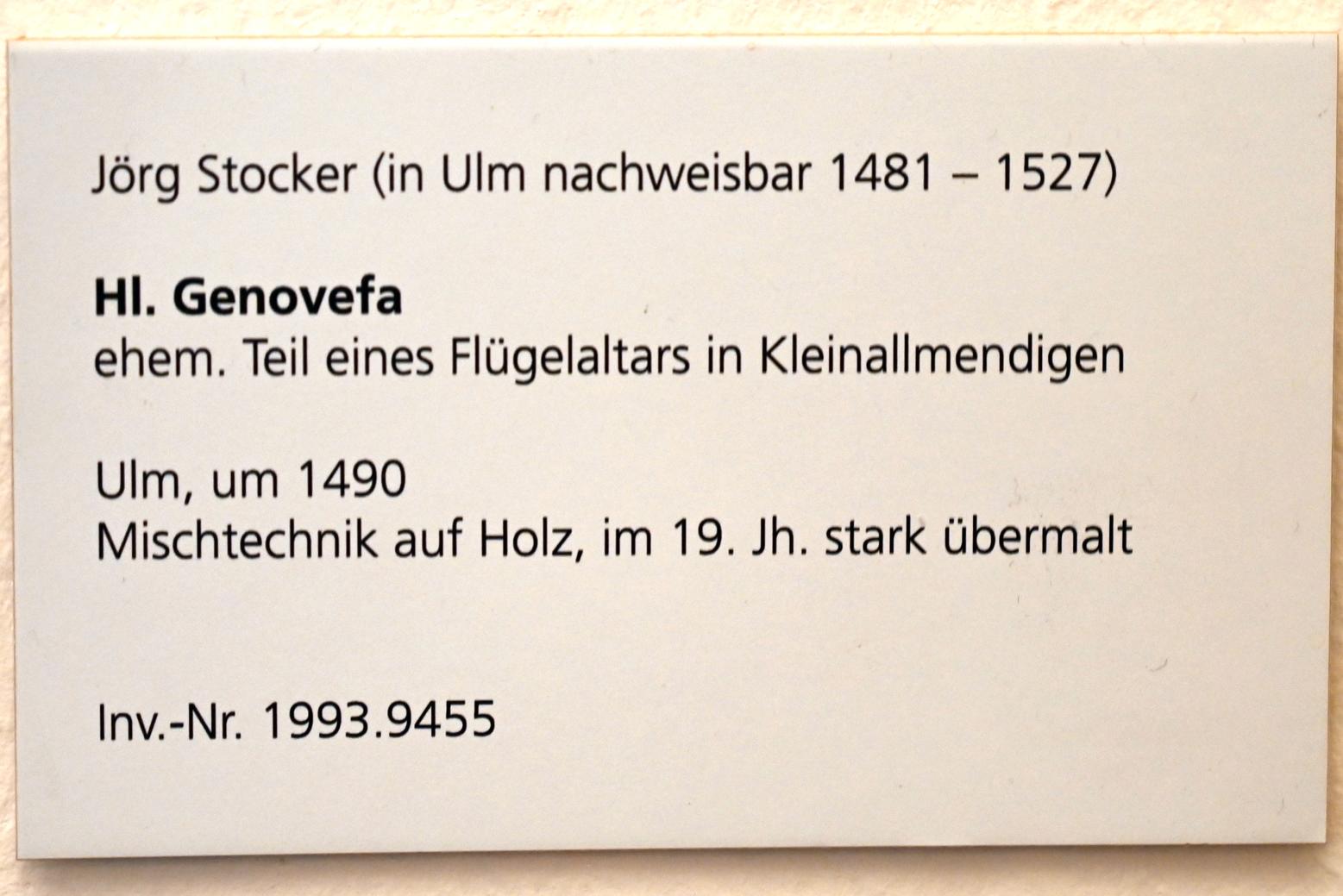 Jörg Stocker (1490–1500), Hl. Genovefa, Kleinallmendingen, Kirche St. Laurentius, jetzt Ulm, Museum Ulm, Saal 3a, um 1490, Bild 2/2