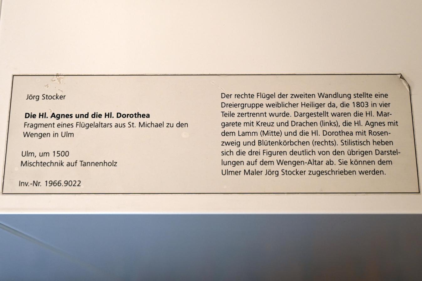 Jörg Stocker (1490–1500), Die Hl. Agnes und die Hl. Dorothea, Ulm, ehem. Wengenkloster, Stadtpfarrkirche St. Michael zu den Wengen, jetzt Ulm, Museum Ulm, Saal 3a, um 1500, Bild 2/2