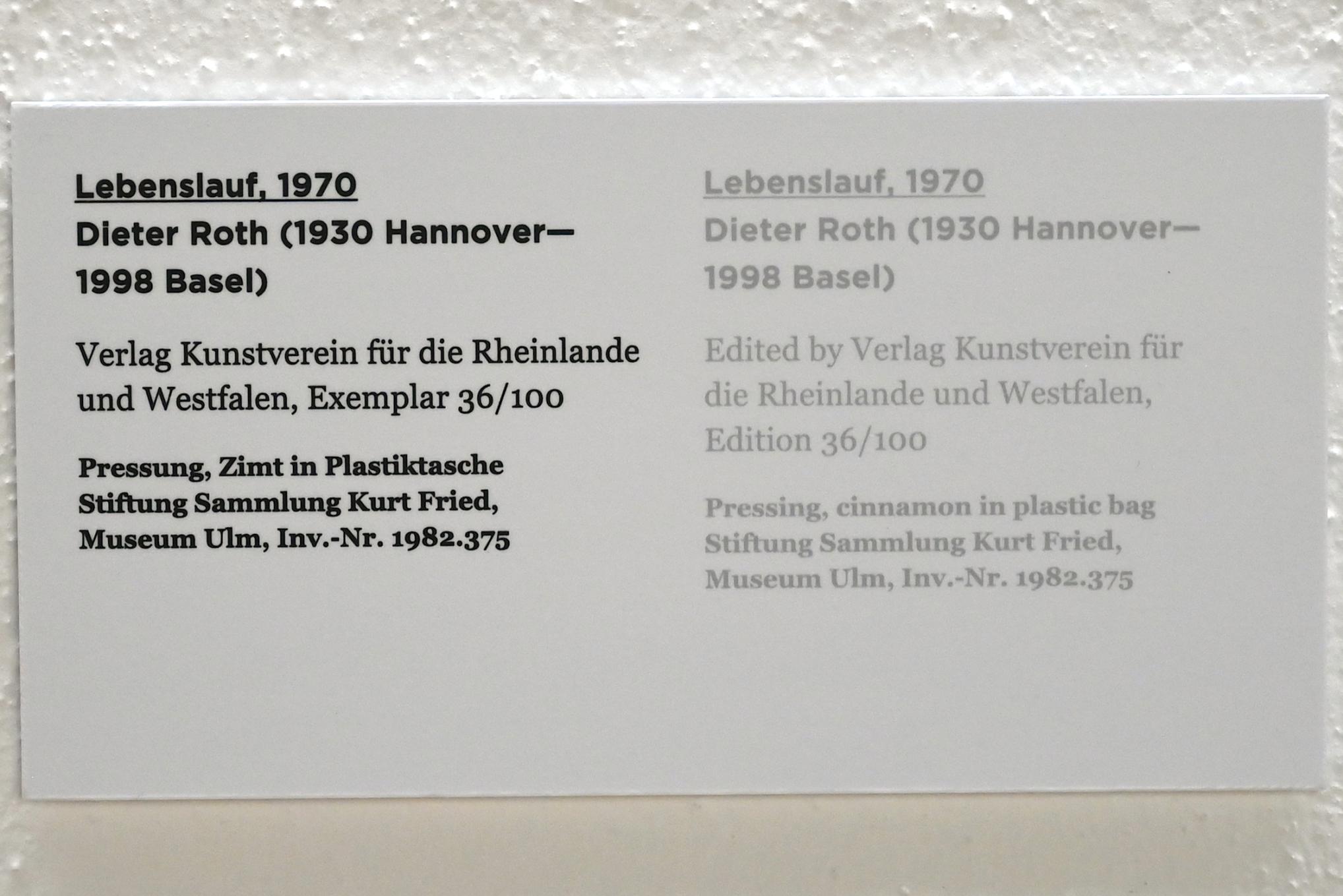 Dieter Roth (1965–1993), Lebenslauf, Ulm, Museum Ulm, Saal 11a, 1970, Bild 2/2