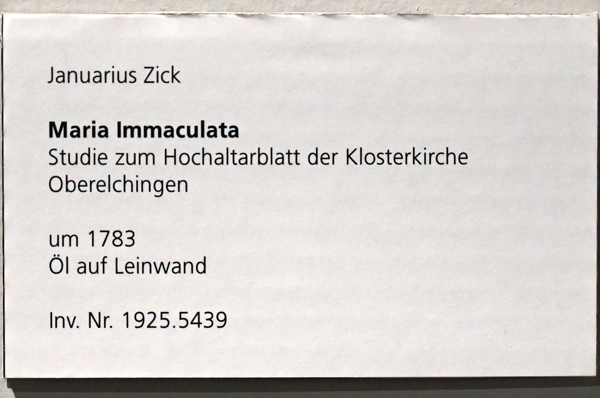 Januarius  Zick (1752–1794), Maria Immaculata, Oberelchingen, ehem. Benediktinerabtei, ehem. Kloster, heute Pfarr- und Wallfahrtskirche St. Peter und Paul, jetzt Ulm, Museum Ulm, Saal 12a, um 1783, Bild 2/2