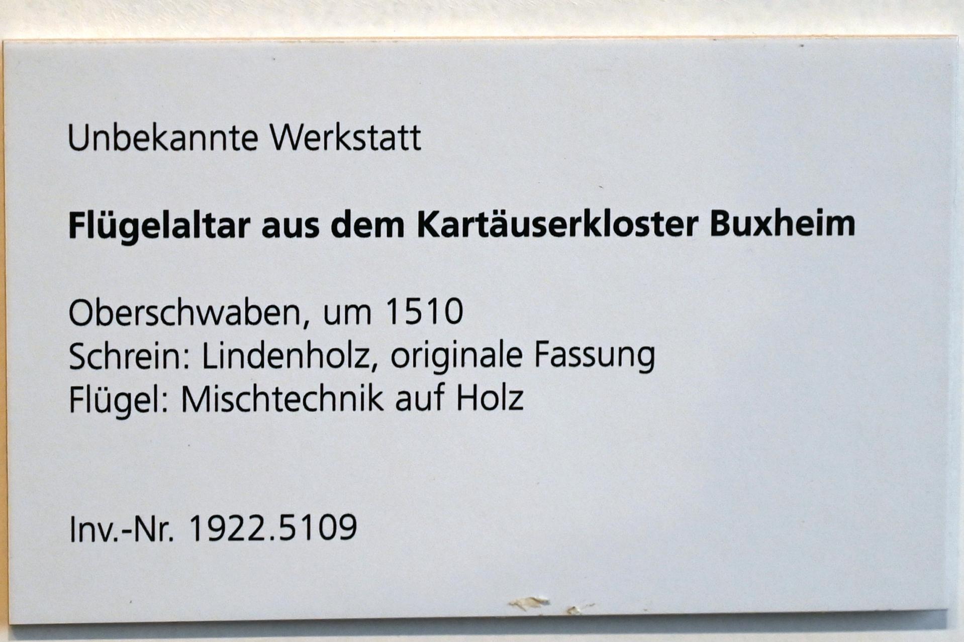 Flügelaltar aus dem Kartäuserkloster Buxheim, Buxheim, ehemalige Reichskartause, jetzt Salesianerkloster, jetzt Ulm, Museum Ulm, Saal 12c, um 1510, Bild 3/3