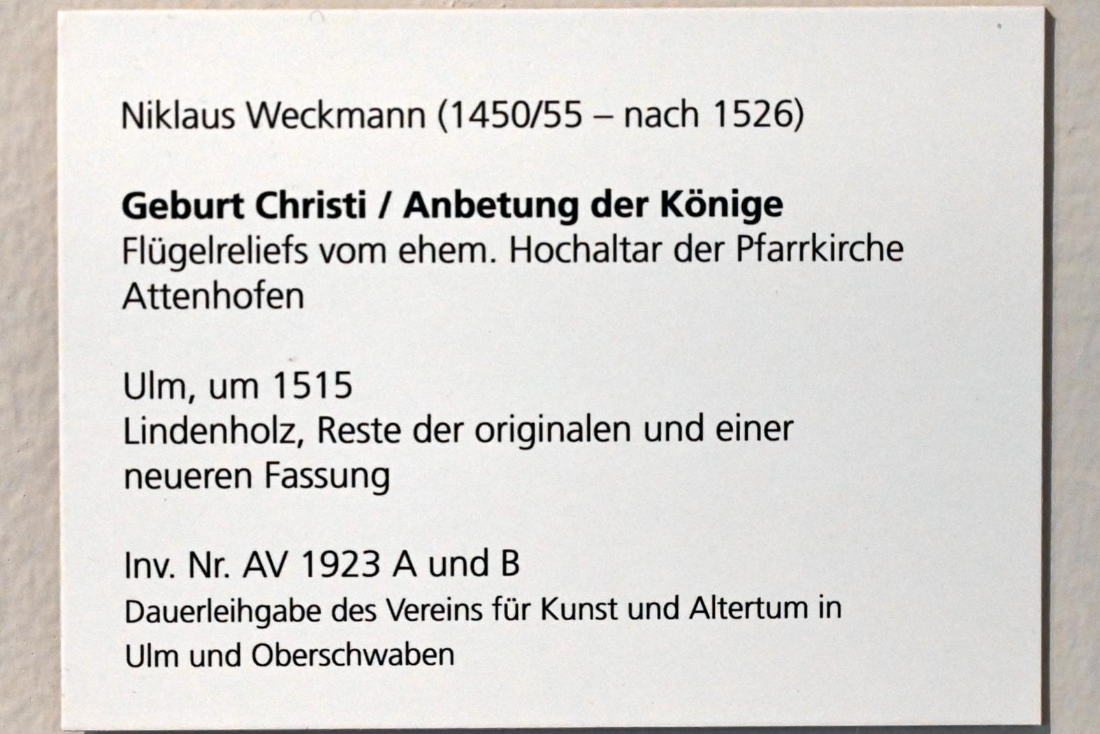 Nikolaus Weckmann (1515), Geburt Christi, Attenhofen, Pfarrkirche St. Laurentius, jetzt Ulm, Museum Ulm, Saal 12d, um 1515, Bild 2/2