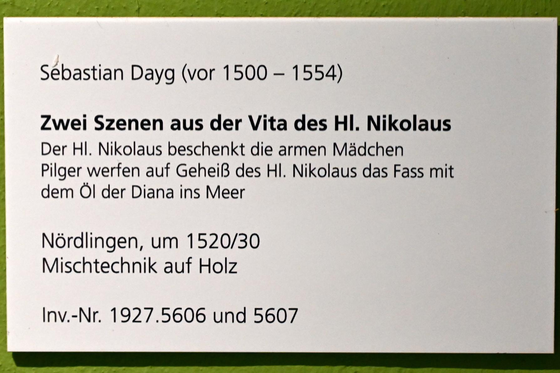 Sebastian Dayg (1525), Pilger werfen auf Geheiß des Hl. Nikolaus das Fass mit dem Öl der Diana ins Meer, Ulm, Museum Ulm, Saal 12f, um 1520–1530, Bild 2/2