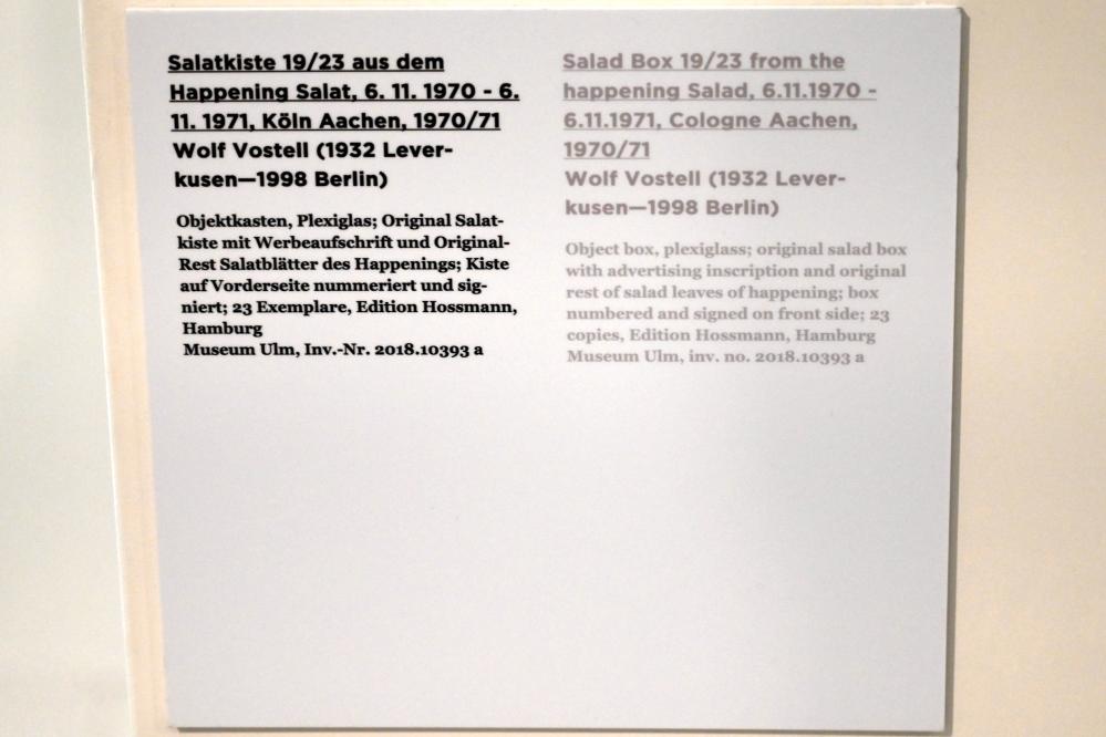 Wolf Vostell (1963–1988), Salatkiste aus dem Happening Salat, 6.11.1970 - 6.11.1971, Köln Aachen, Ulm, Museum Ulm, Saal 11b, 1970–1971, Bild 3/3