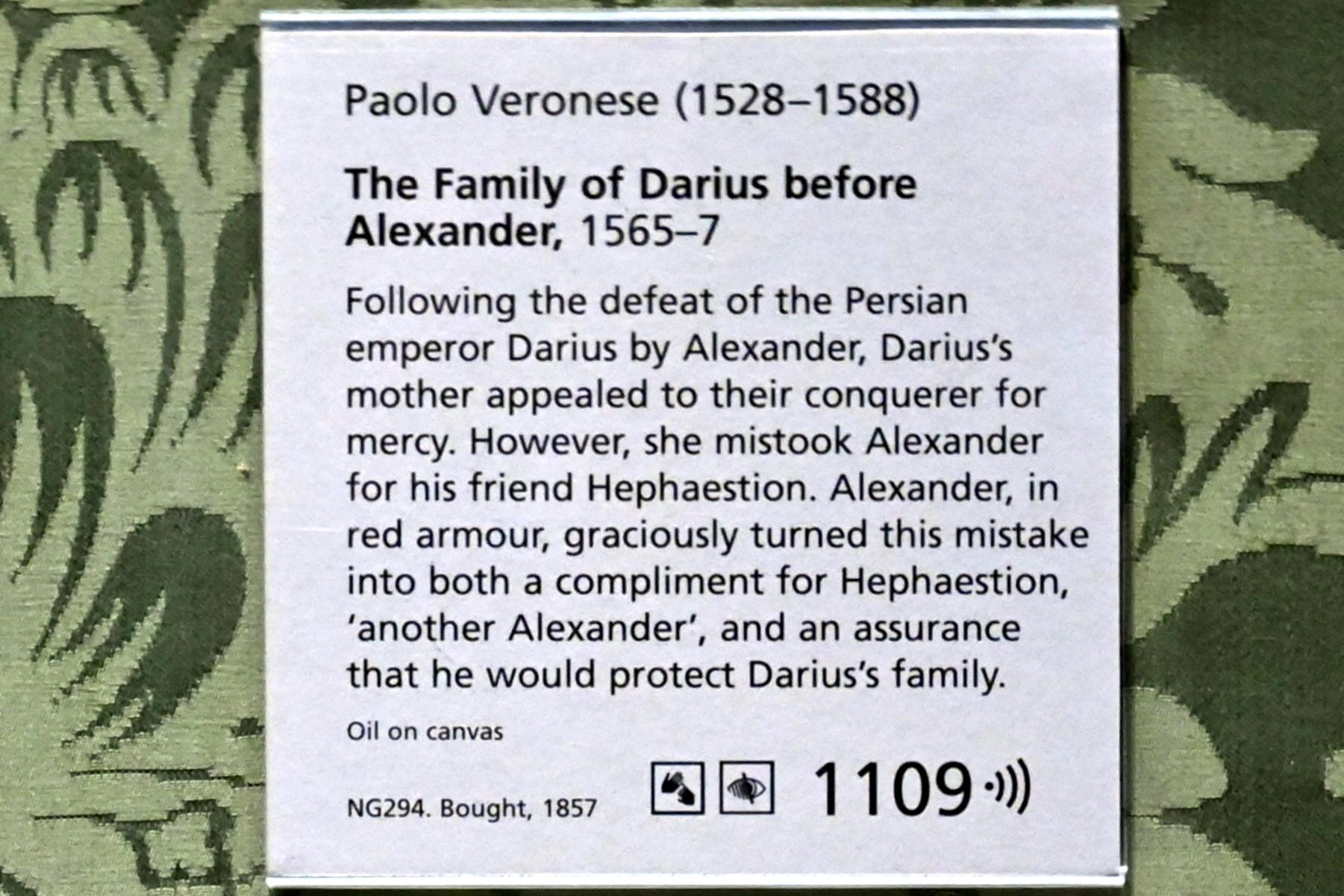 Paolo Caliari (Veronese) (1547–1587), Die Familie von Darius vor Alexander, London, National Gallery, Saal 9, 1565–1567, Bild 2/2