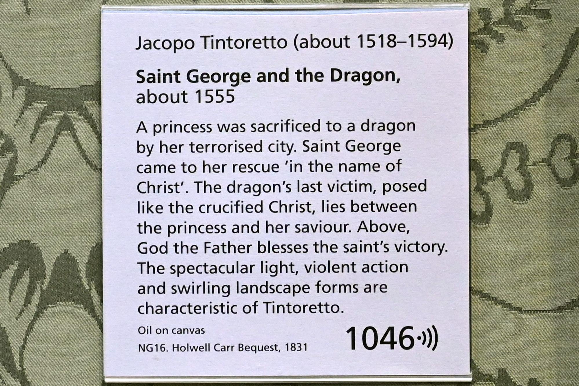 Tintoretto (Jacopo Robusti) (1540–1590), Hl. Georg im Kampf mit dem Drachen, London, National Gallery, Saal 9, um 1555, Bild 2/2