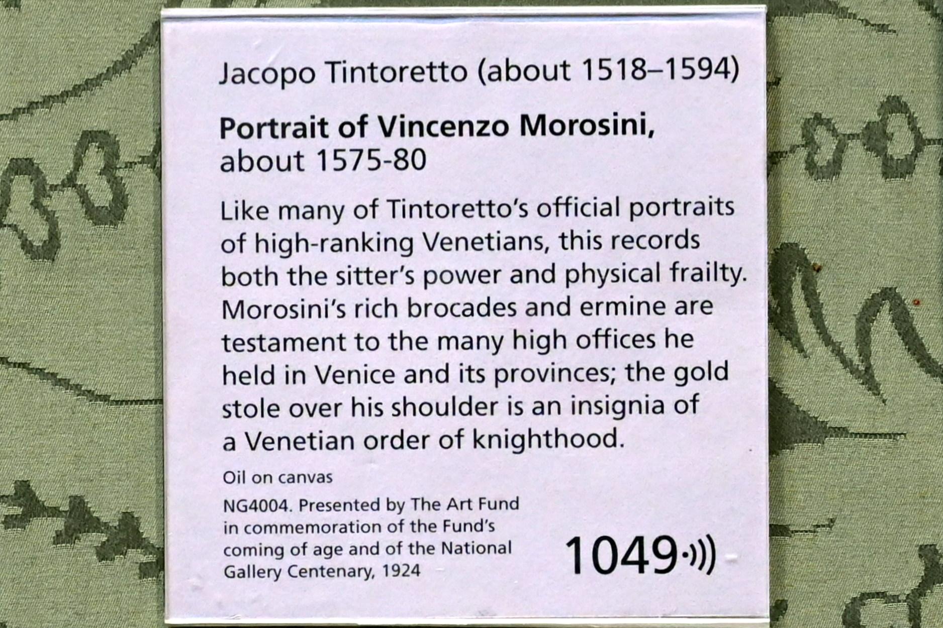 Tintoretto (Jacopo Robusti) (1540–1590), Bildnis des Vincenzo Morosini, London, National Gallery, Saal 9, um 1575–1580, Bild 2/2