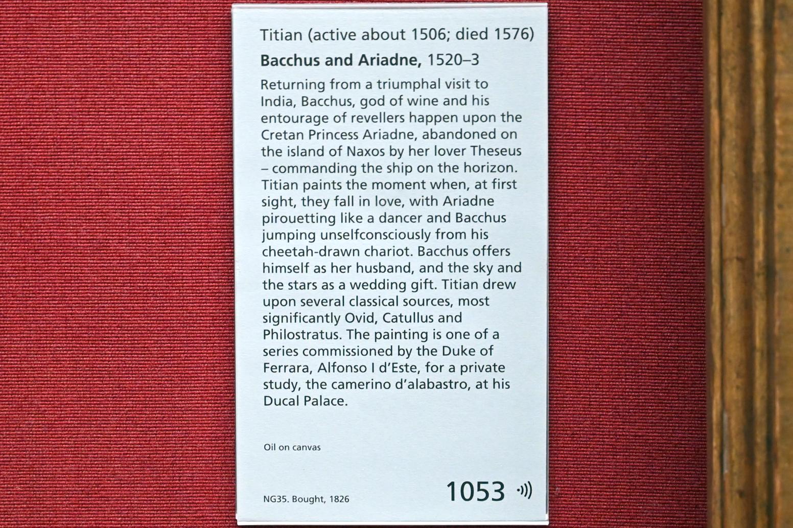 Tiziano Vecellio (Tizian) (1509–1575), Bacchus und Ariadne, London, National Gallery, Saal 10, 1520–1523, Bild 2/2