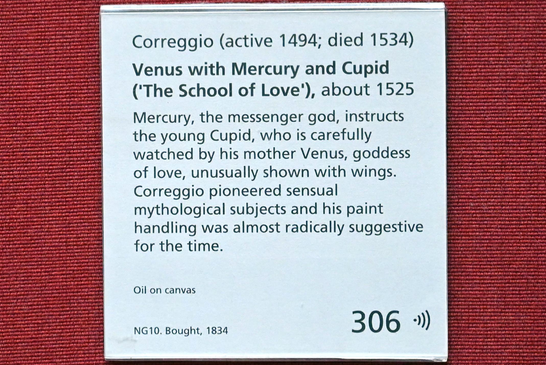Antonio Allegri (Correggio) (1511–1532), Venus mit Merkur und Amor (Die Schule der Liebe), London, National Gallery, Saal 10, um 1525, Bild 2/2