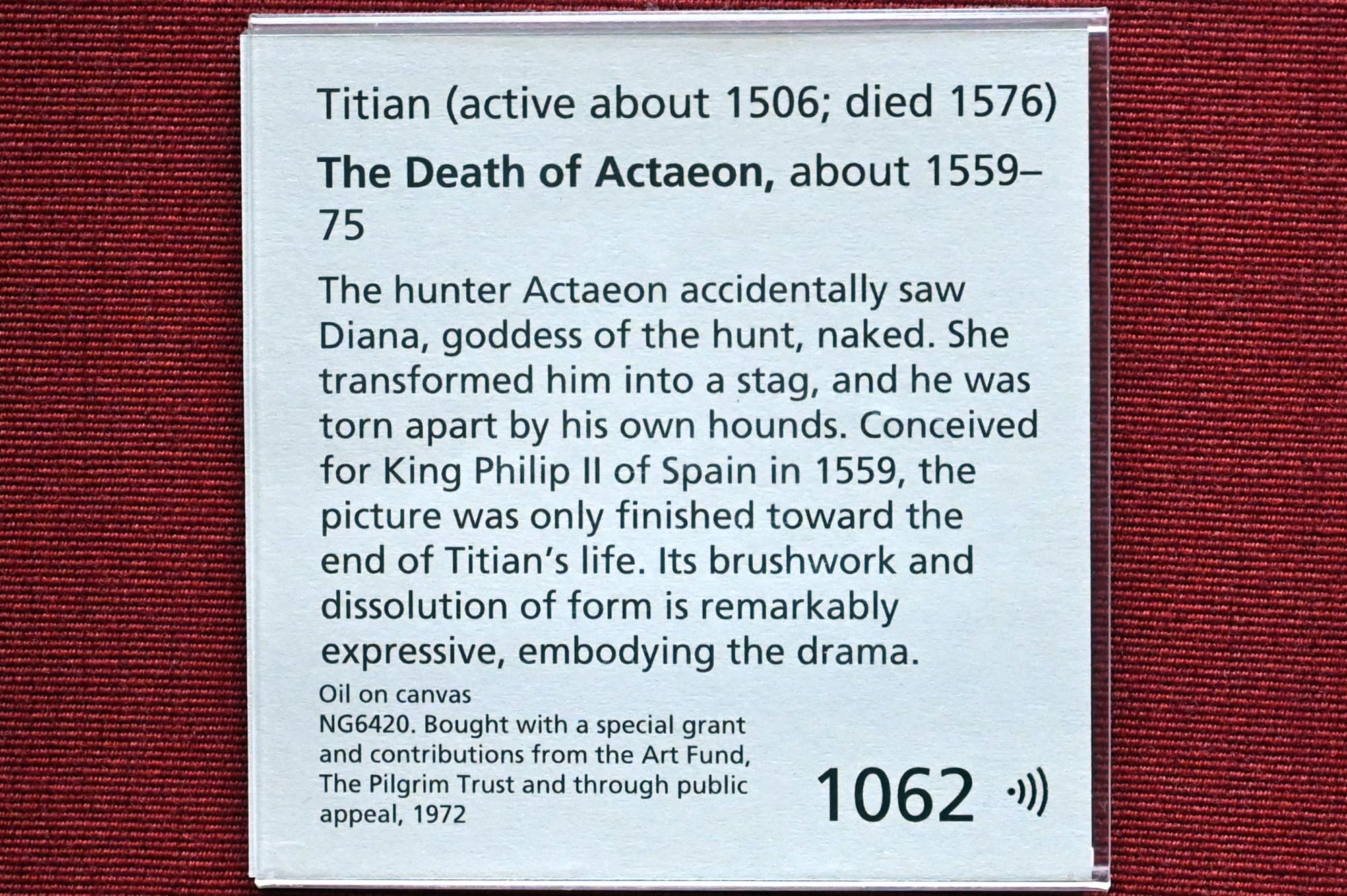 Tiziano Vecellio (Tizian) (1509–1575), Tod des Aktaion, London, National Gallery, Saal 10, um 1559–1575, Bild 2/2
