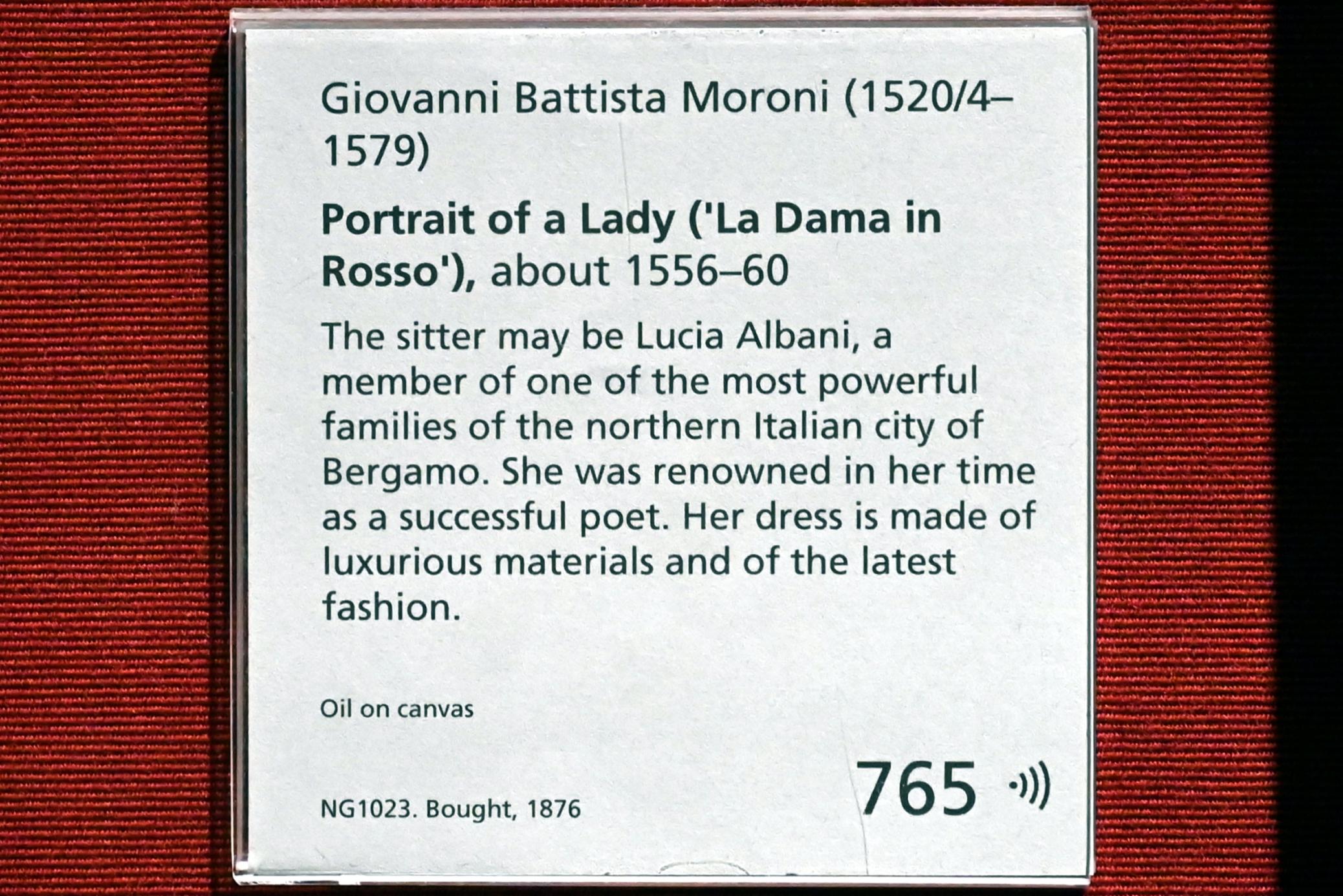 Giovanni Battista Moroni (1554–1565), Porträt einer Dame ('La Dama in Rosso'), London, National Gallery, Saal 12, um 1556–1560, Bild 2/2