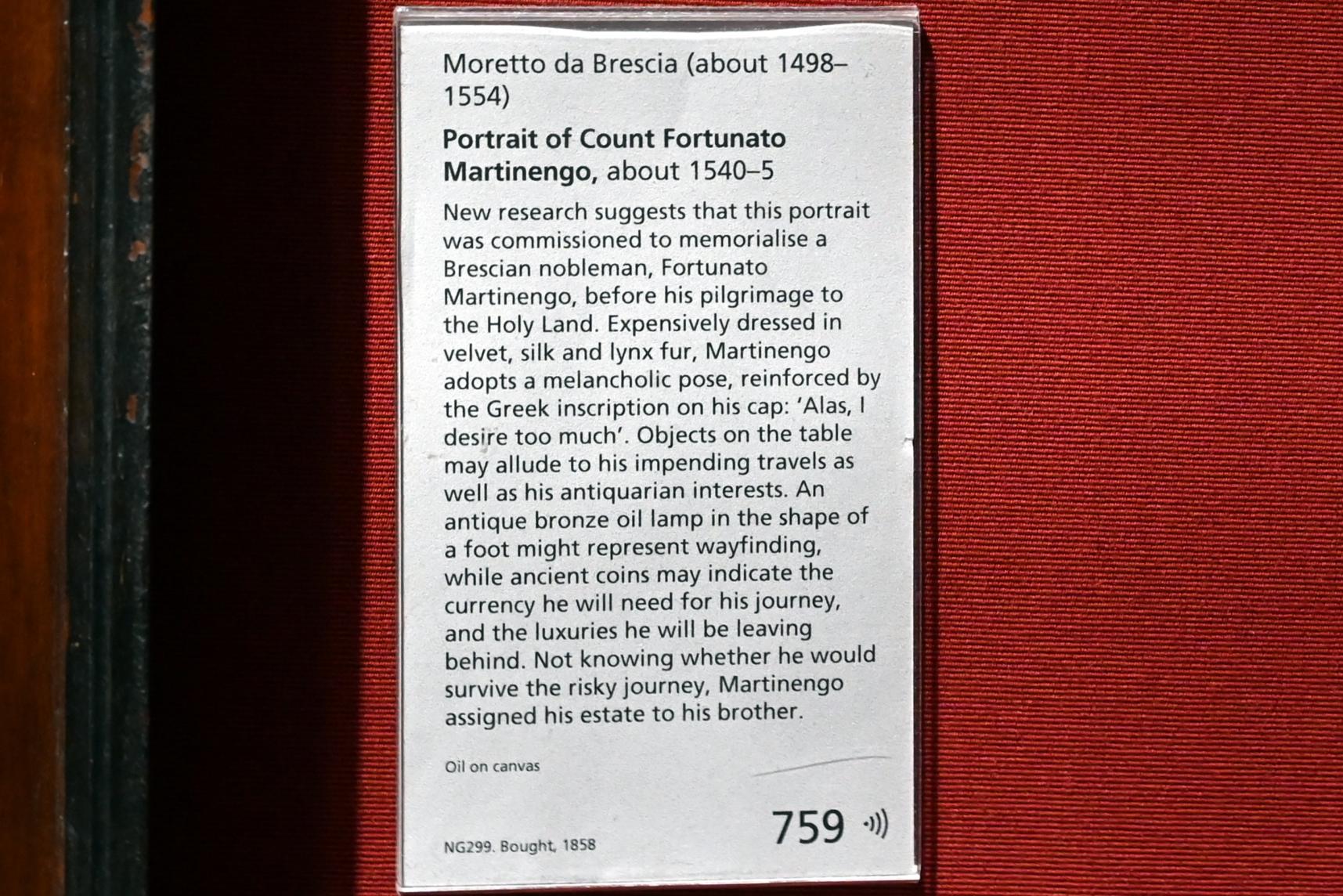 Alessandro Bonvicino (Moretto) (1517–1554), Porträt des Grafen Fortunato Martinengo Cesaresco, London, National Gallery, Saal 12, um 1540–1545, Bild 2/2