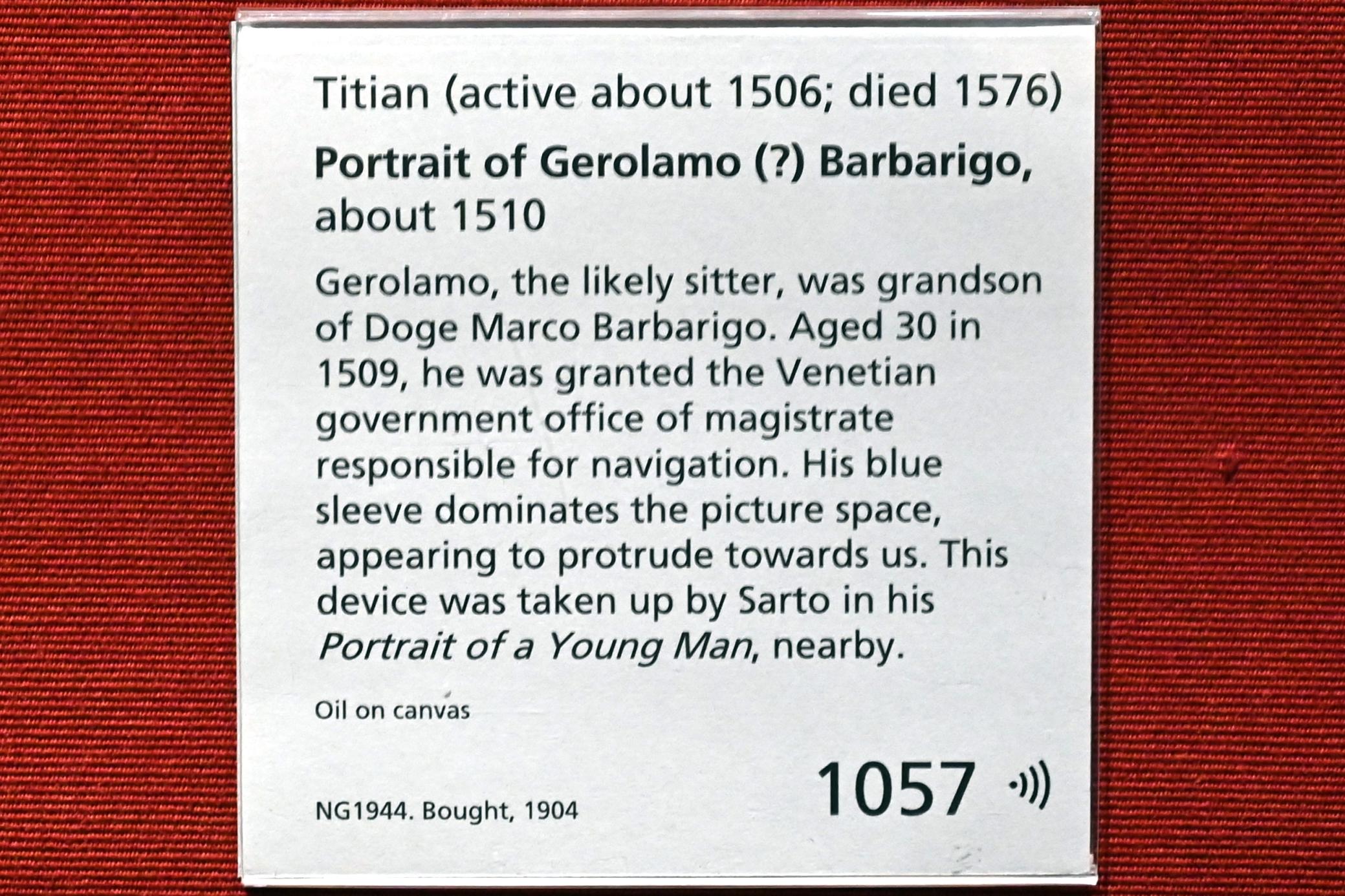 Tiziano Vecellio (Tizian) (1509–1575), Porträt von Gerolamo (?) Barbarigo, London, National Gallery, Saal 12, um 1510, Bild 2/2