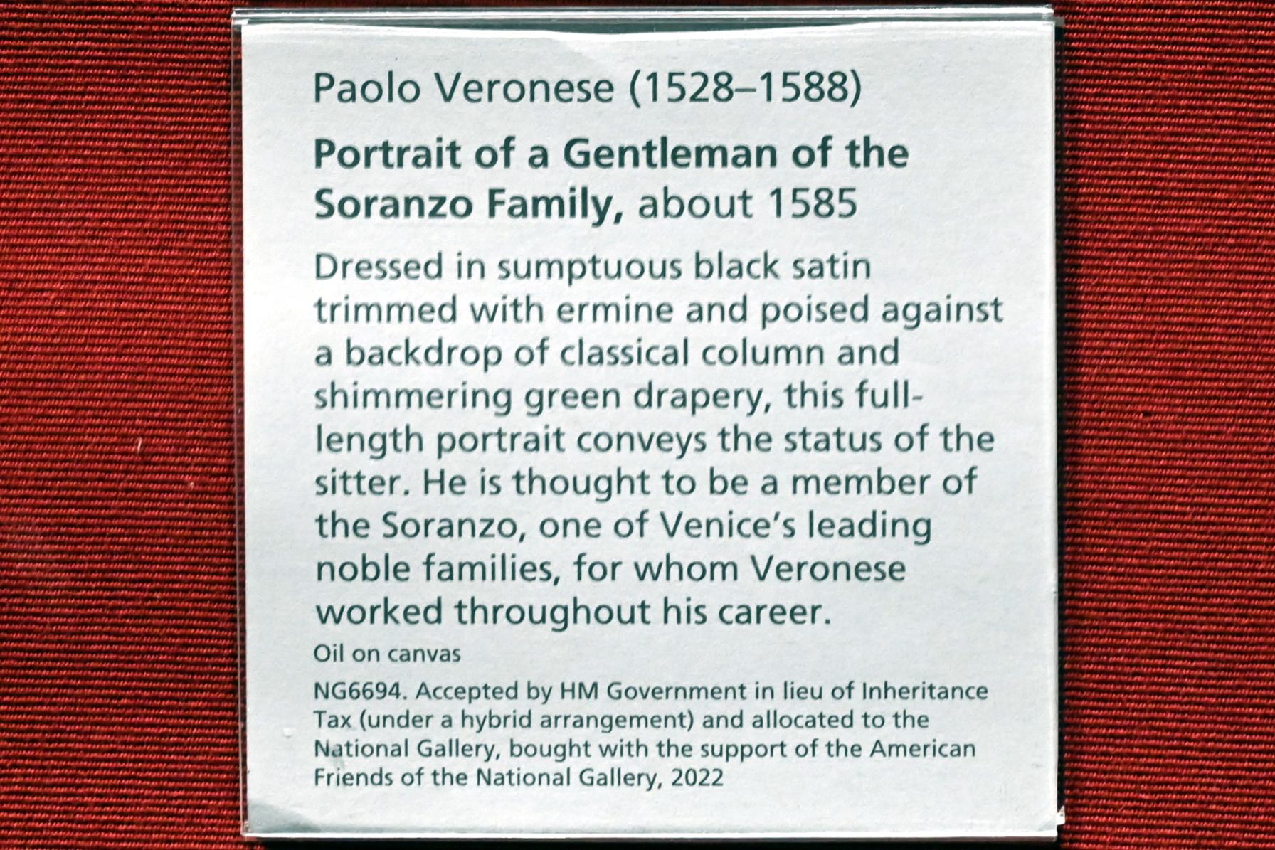 Paolo Caliari (Veronese) (1547–1587), Porträt eines Herrn aus der Familie Soranzo, London, National Gallery, Saal 12, um 1585, Bild 2/2