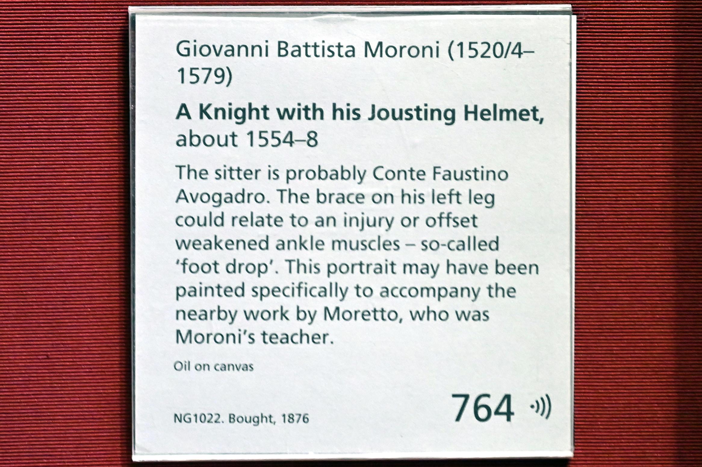 Giovanni Battista Moroni (1554–1565), Ein Ritter mit seinem Turnierhelm, London, National Gallery, Central Hall, um 1554–1558, Bild 2/2