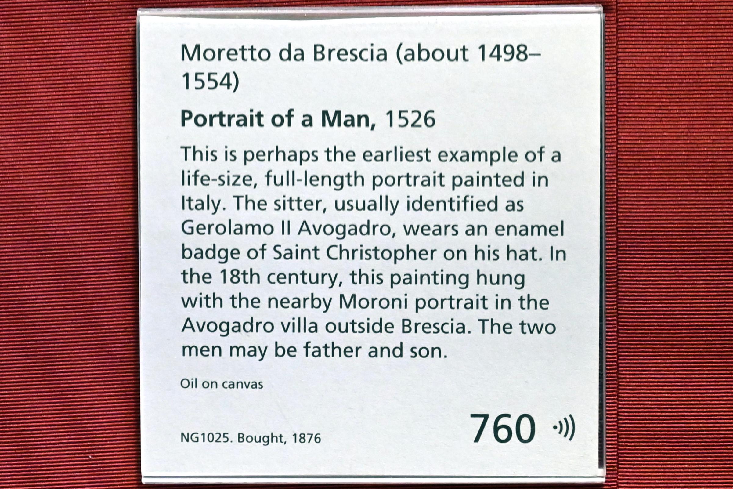 Alessandro Bonvicino (Moretto) (1517–1554), Bildnis eines Mannes, London, National Gallery, Central Hall, 1526, Bild 2/2