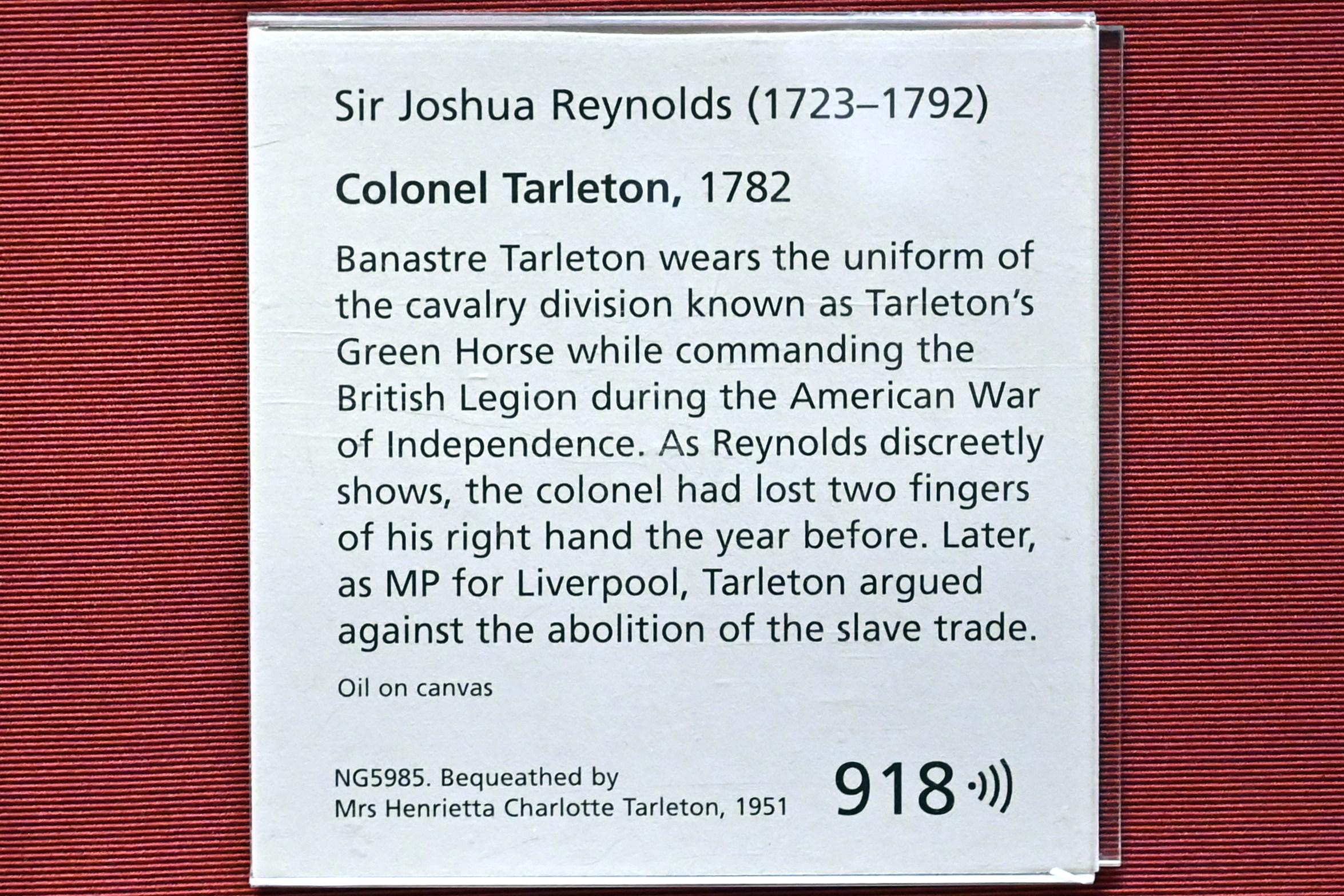 Joshua Reynolds (1754–1789), Oberst Tarleton, London, National Gallery, Central Hall, 1782, Bild 2/2
