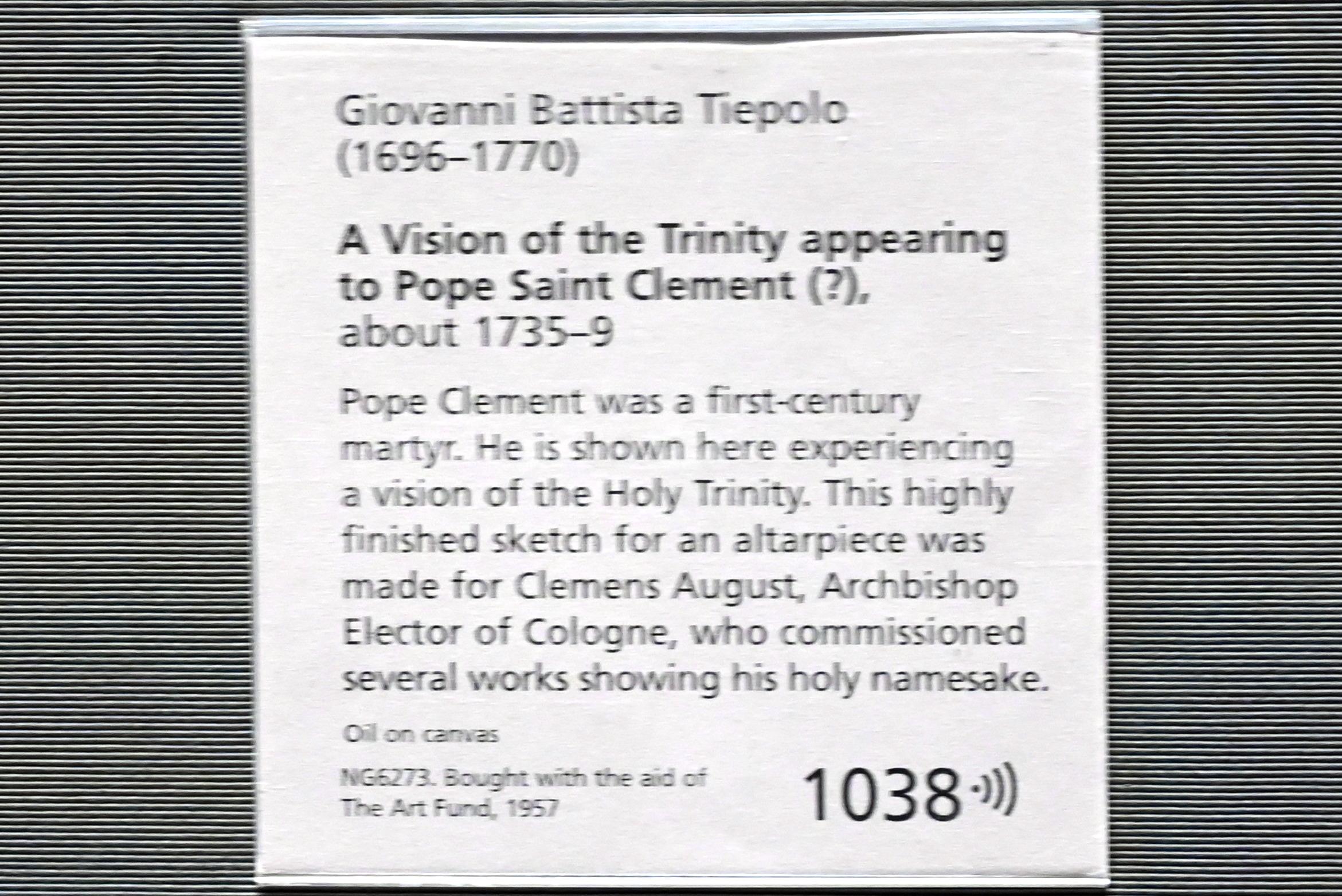 Giovanni Battista Tiepolo (1715–1785), Papst Clemens erscheint die Heilige Dreifaltigkeit (?), London, National Gallery, Saal 39, um 1735–1739, Bild 2/2