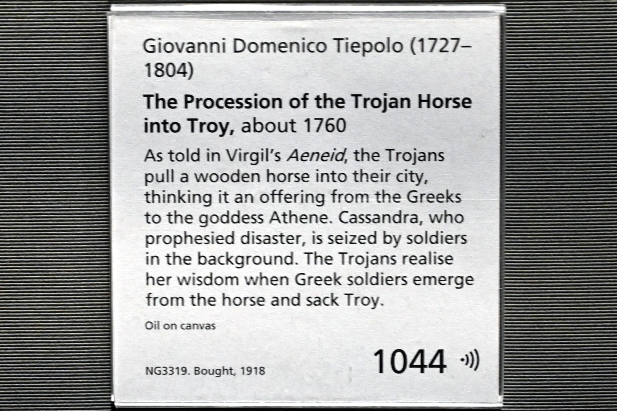 Giovanni Domenico Tiepolo (1743–1785), Der Einzug des Trojanischen Pferdes nach Troja, London, National Gallery, Saal 39, um 1760, Bild 2/2